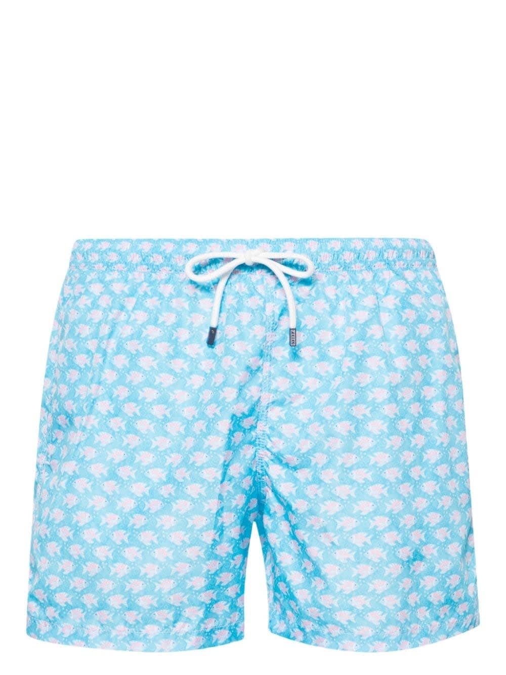 Shop Fedeli Light Blue Swim Shorts With Pink Fish Pattern