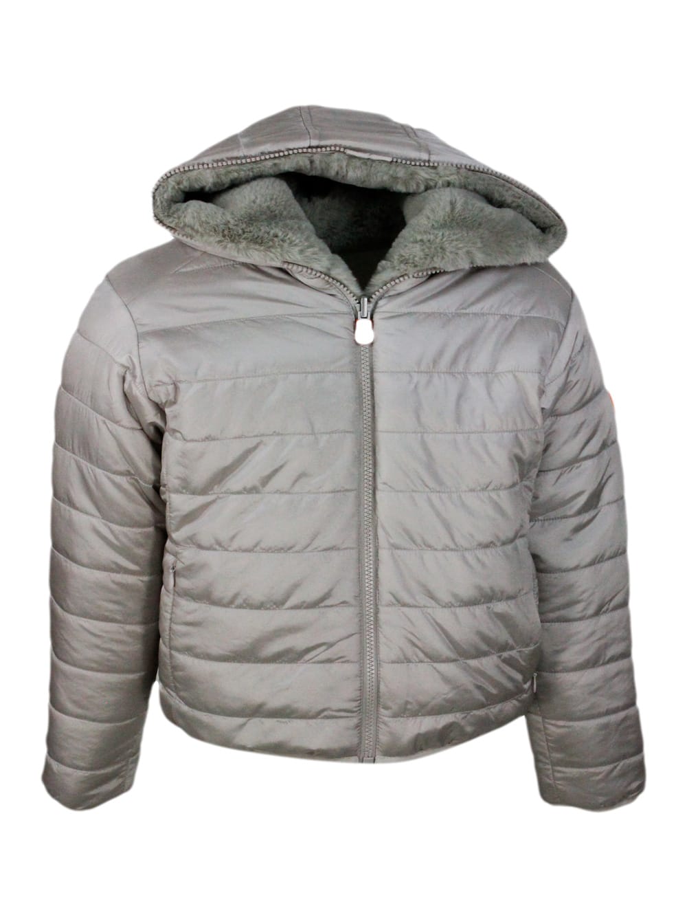 Save The Duck Chloe Reversible Down Jacket In Faux Fur With Hood With Animal Free Padding With Animal Free Padding In Greige