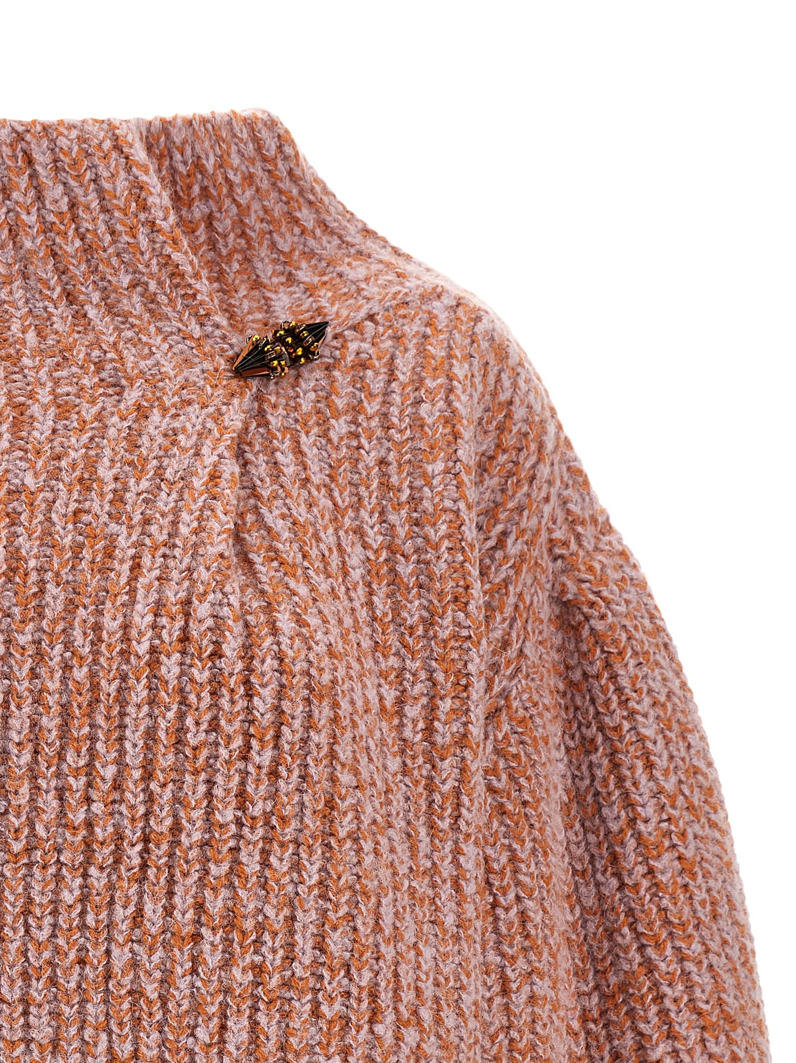 Dries Van Noten Chunky Knit High Neck Sweater With Brooch In Multi
