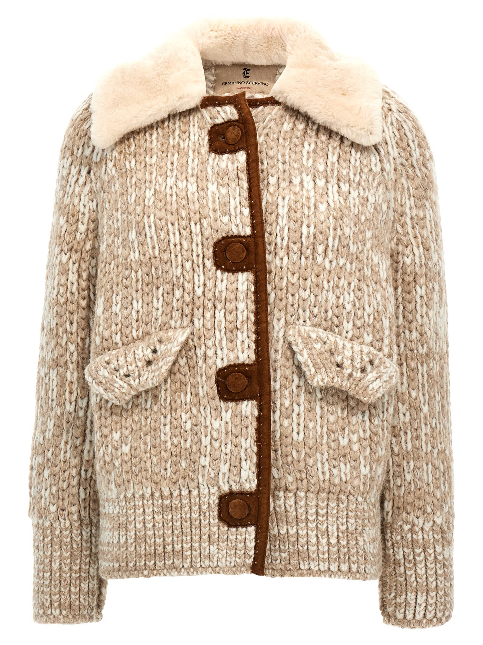 Shop Ermanno Scervino Suede Insert Knit Jacket In Beige