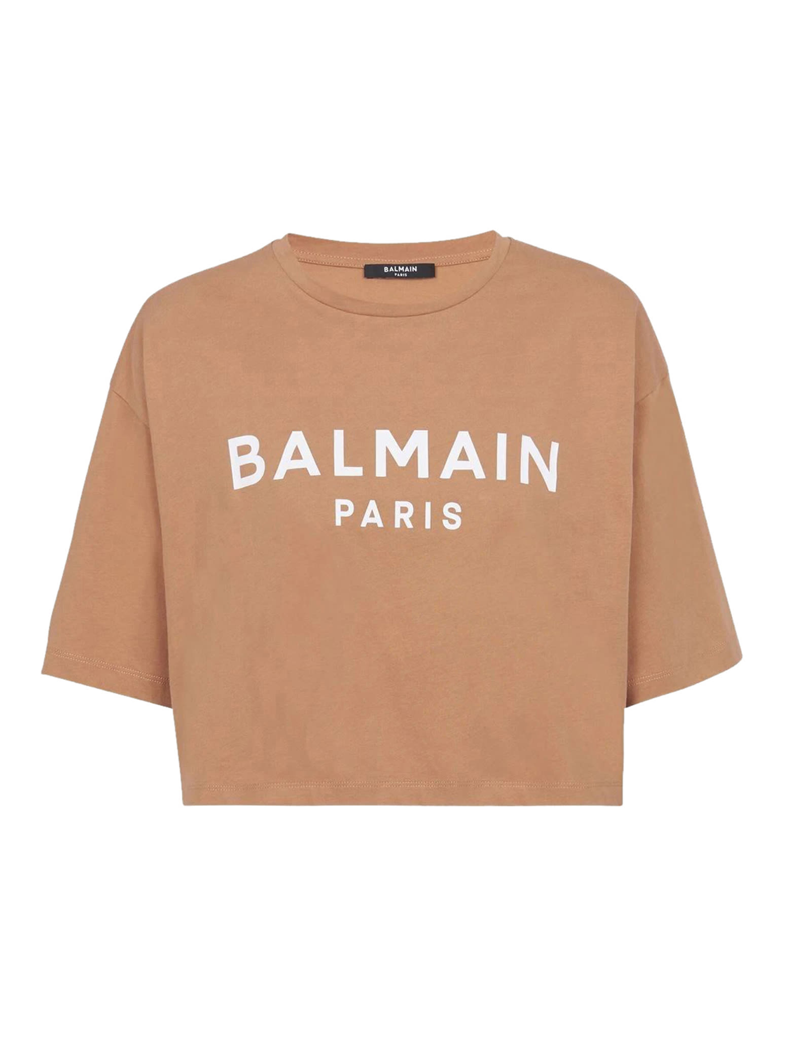 Balmain Logo-print Cropped T-shirt In Marrone
