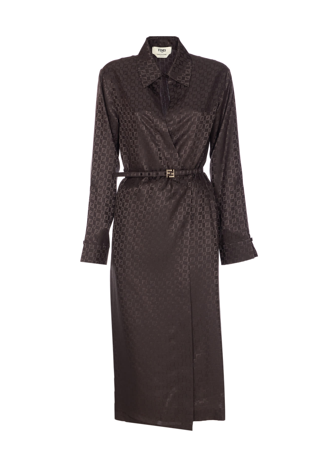 Fendi Silk Chess Ff Long Sleeve Midi Dress Dresses Brown In Brown