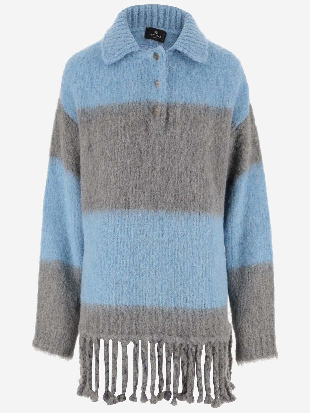 Shop Etro Brushed Effect Fringed Edge Sweater Mini Dress In Clear Blue