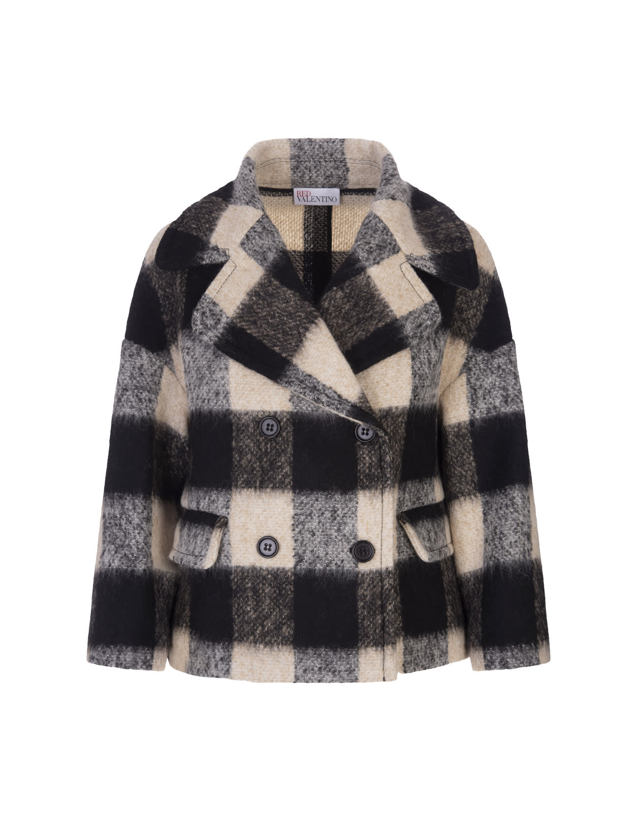 RED Valentino Pea Coat In Ivory Check Wool