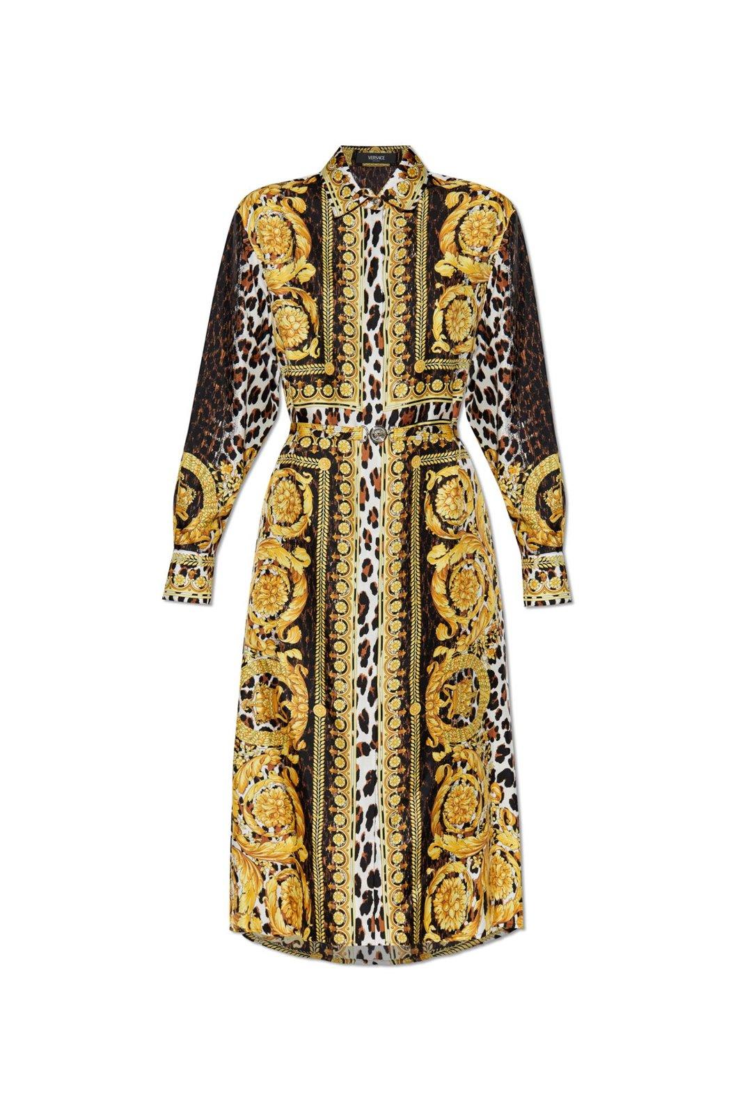 Shop Versace Wild Barocco Foulard Long-sleeved Shirt Dress In Golden