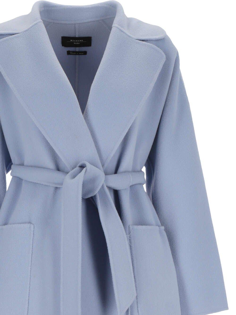Shop Weekend Max Mara Belted Long-sleeved Coat In Blue