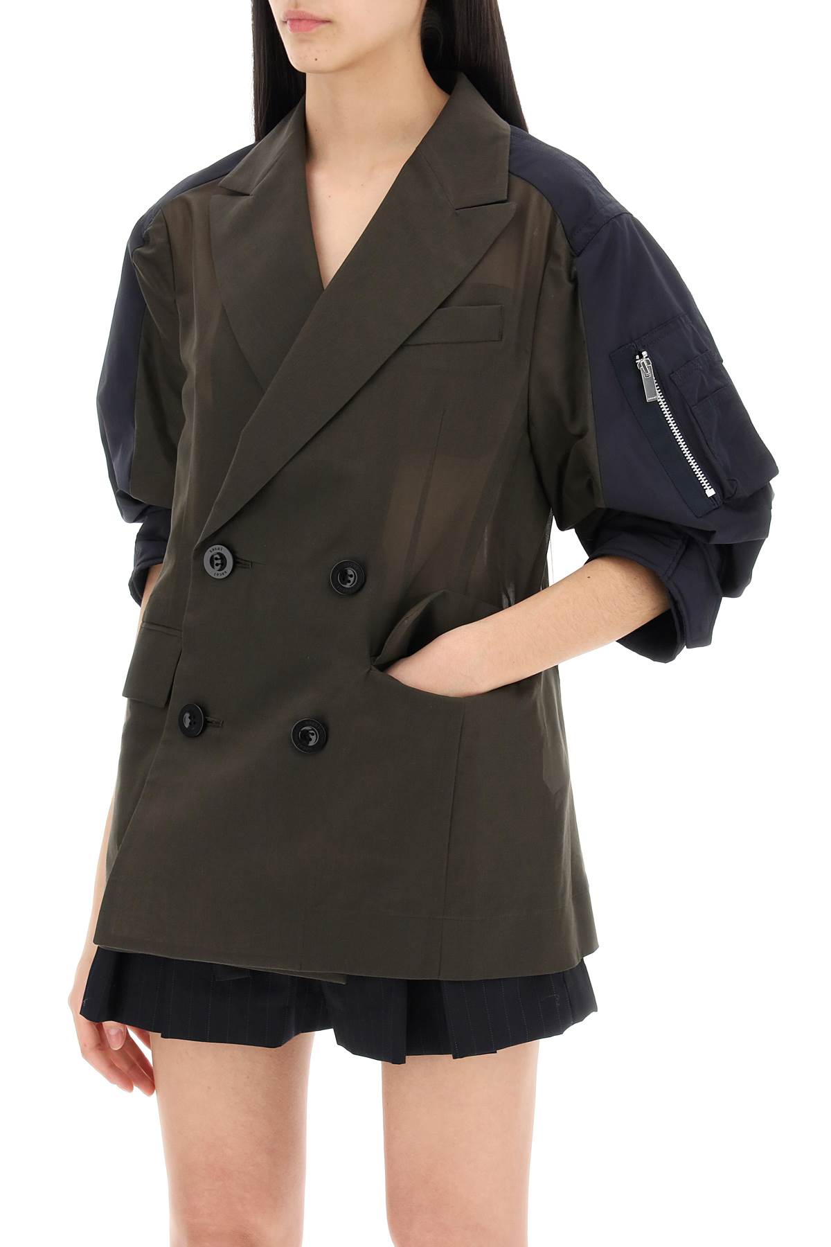 Shop Sacai Taffeta Jacket With Sleeves In Khaki Navy (green)