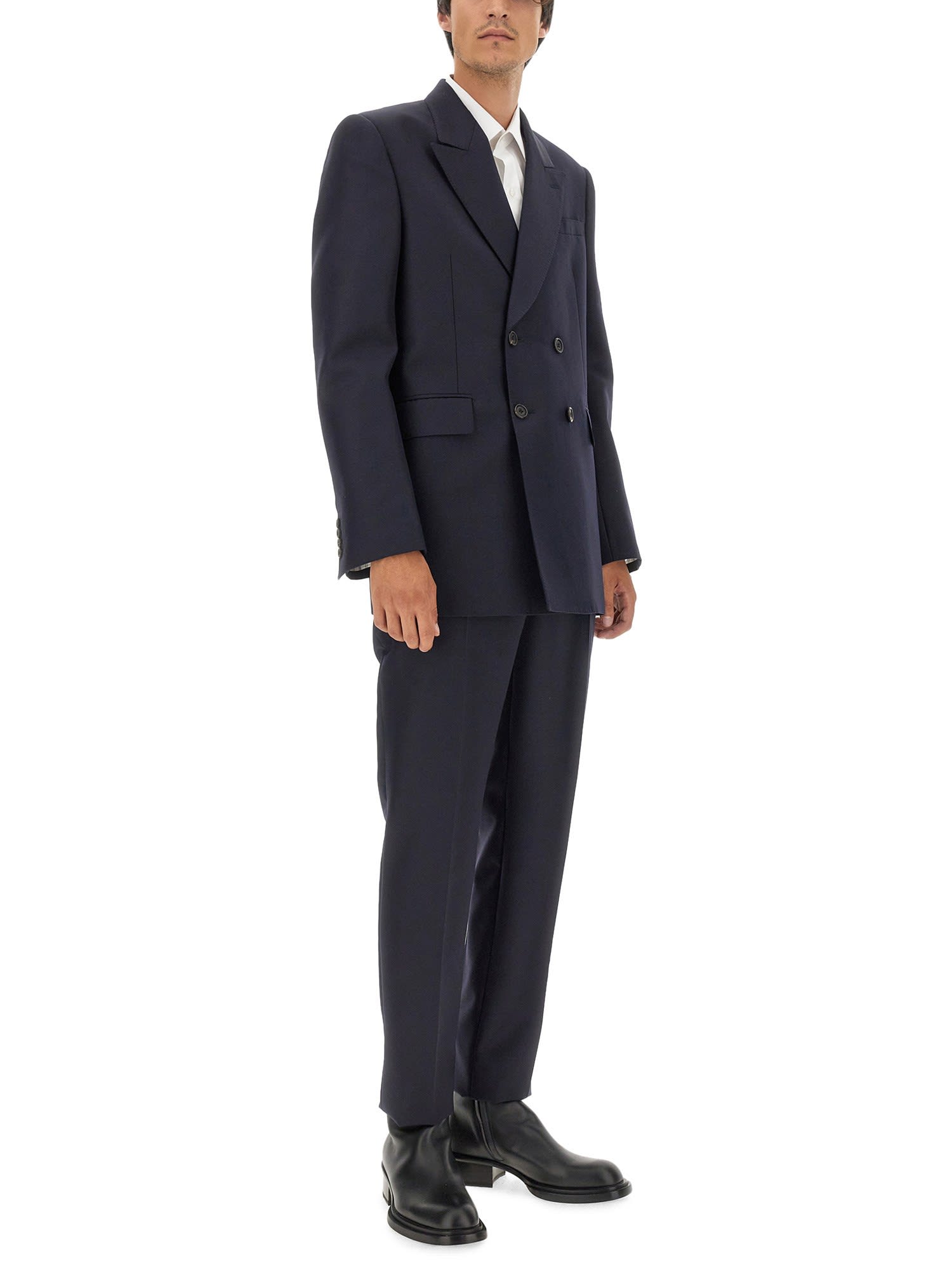 Alexander Mcqueen Double-breasted Tailored Jacket Structured Shoulders In Blu