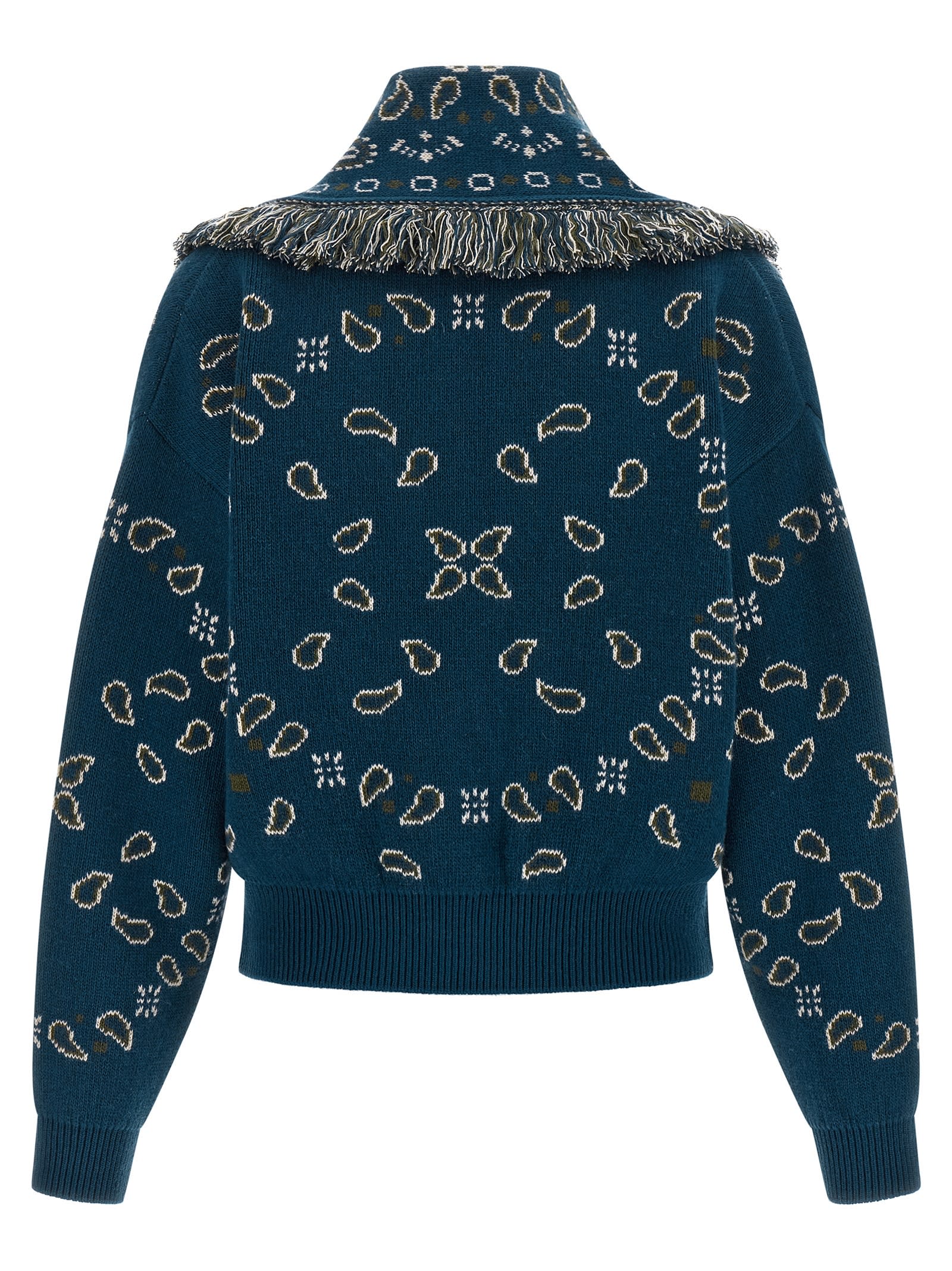 Alanui Thistle Fringe Patterned Bomber Knitwear In Blue