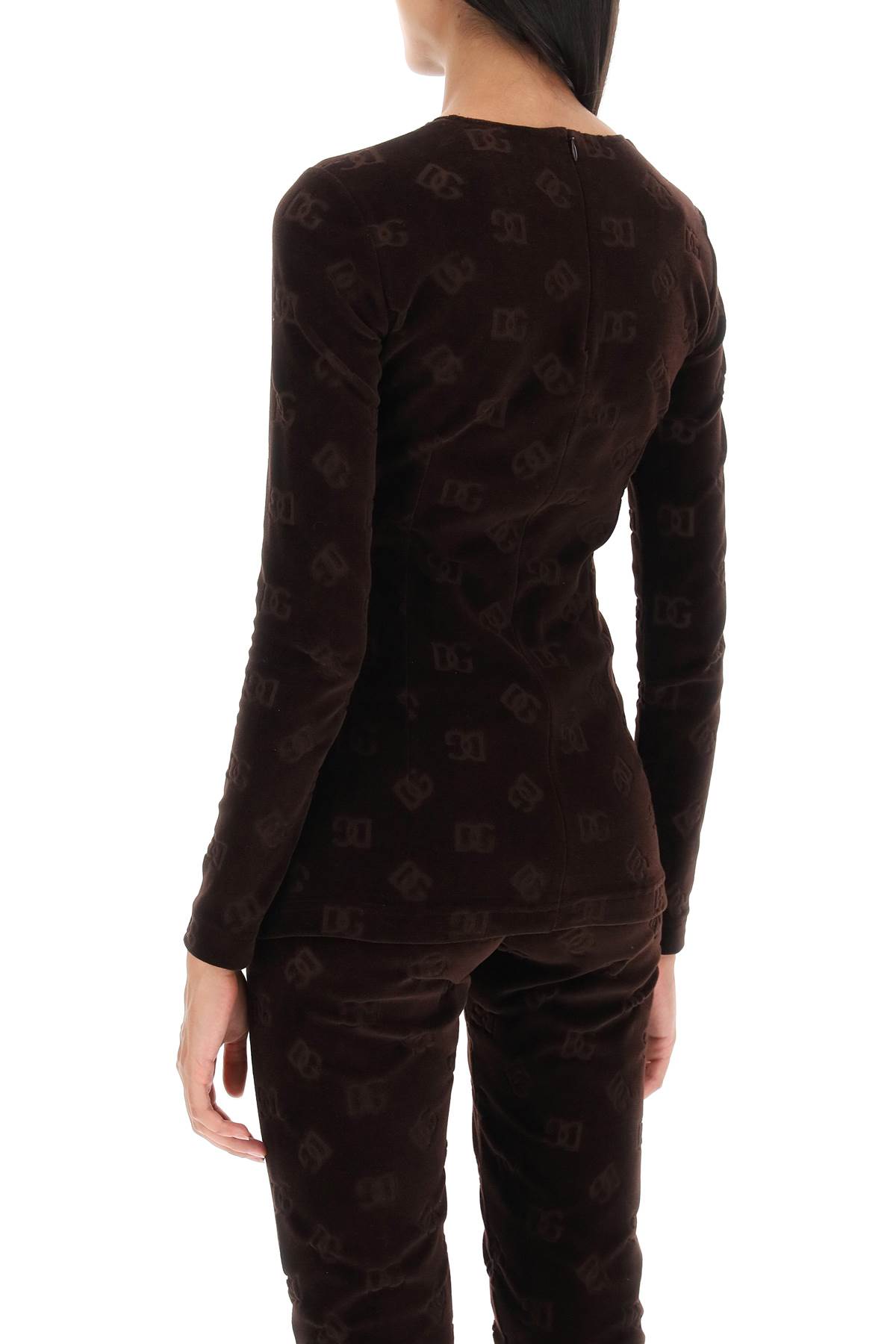 Shop Dolce & Gabbana Long-sleeved Top In Monogram Chenille In Marrone Scuro 3 (brown)