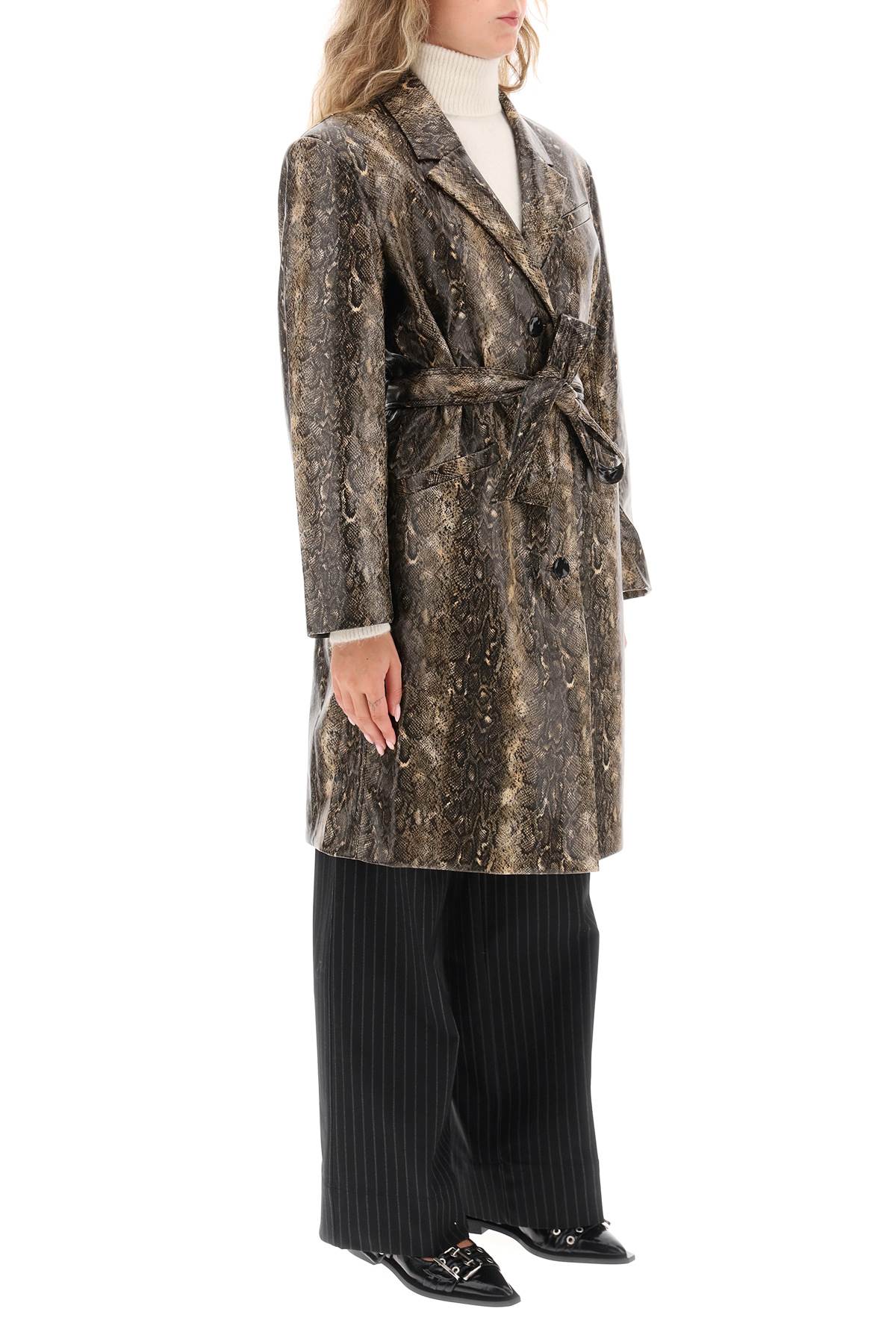 Shop Ganni Snake-effect Faux Leather Trench Coat In Snake Starfish (brown)