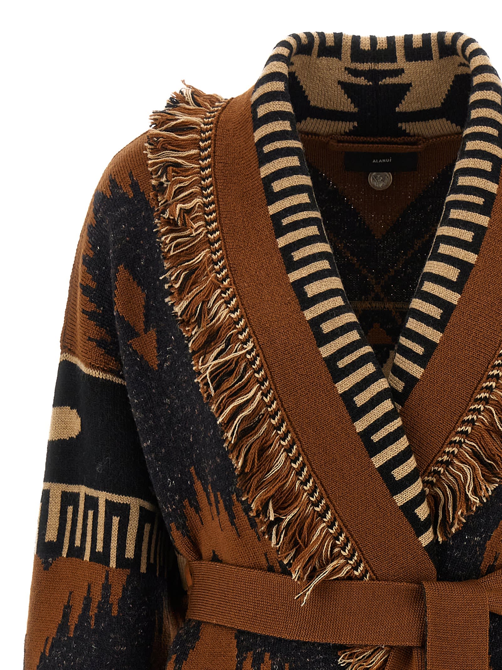 Alanui Icon Jacquard Fringe Belted Cashmere Cardigan In Multi