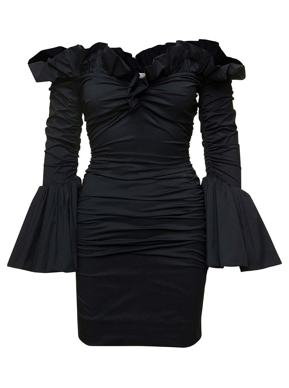 PHILOSOPHY DI LORENZO SERAFINI BLACK MINIDRESS WITH RUCHED DETAIL AND BELL SLEEVES IN POLYESTER WOMAN