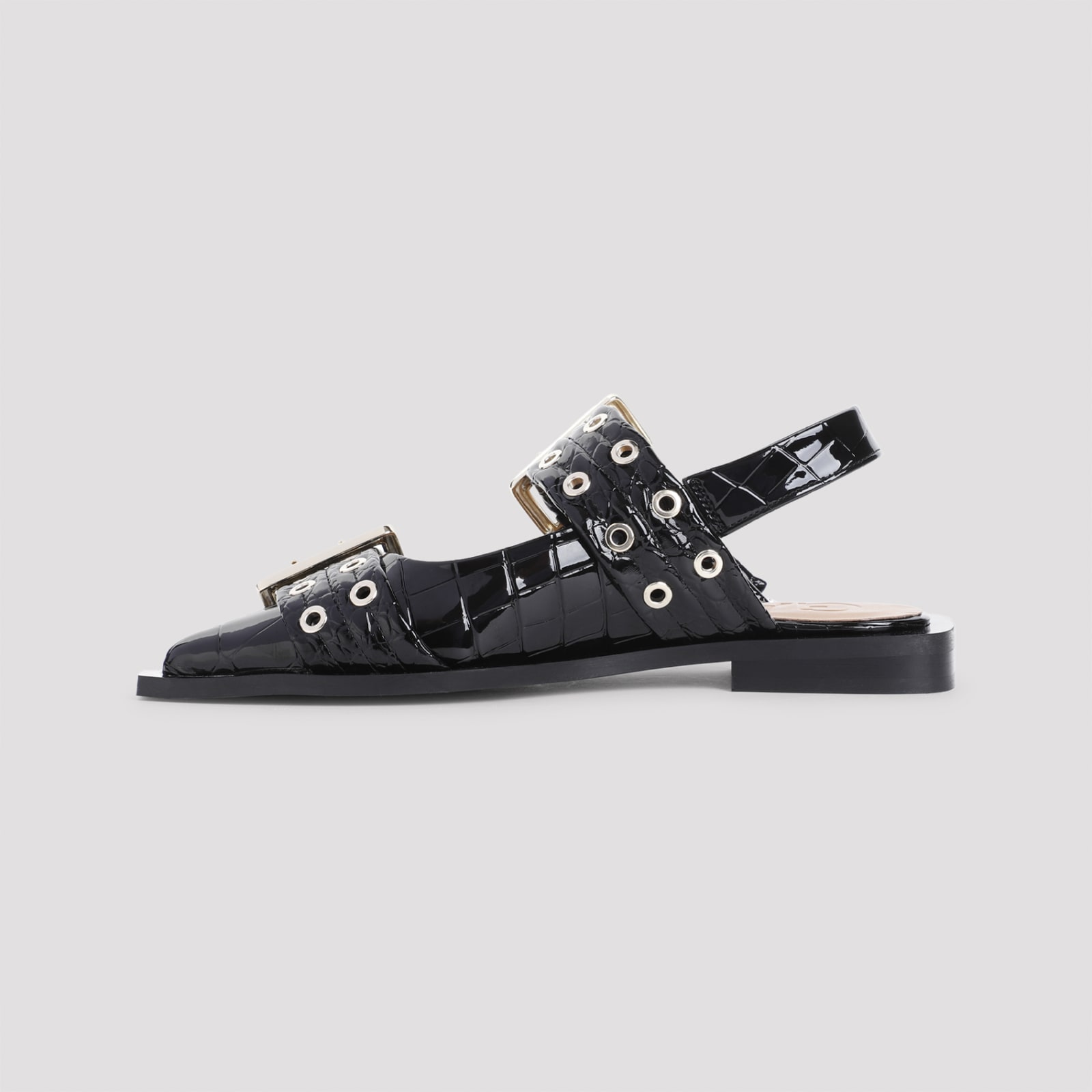 Shop Ganni Feminine Buckle Naplack Croco Ballerina In Black