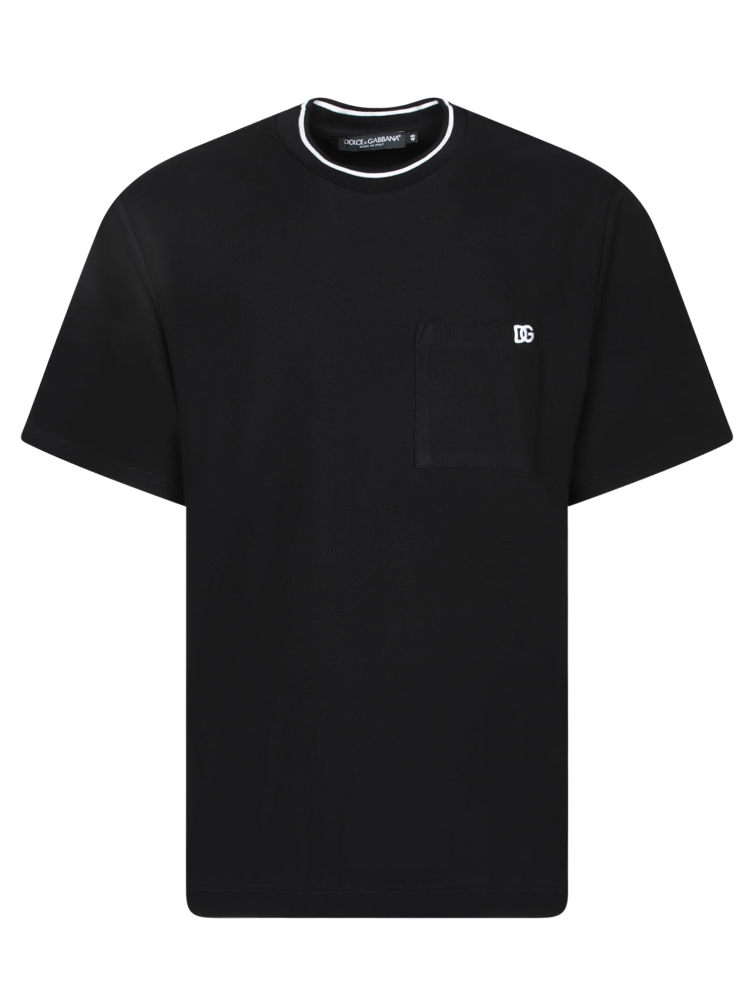 Dolce & Gabbana Black Crewneck T-shirt With Logo Embroidery On The Front In White