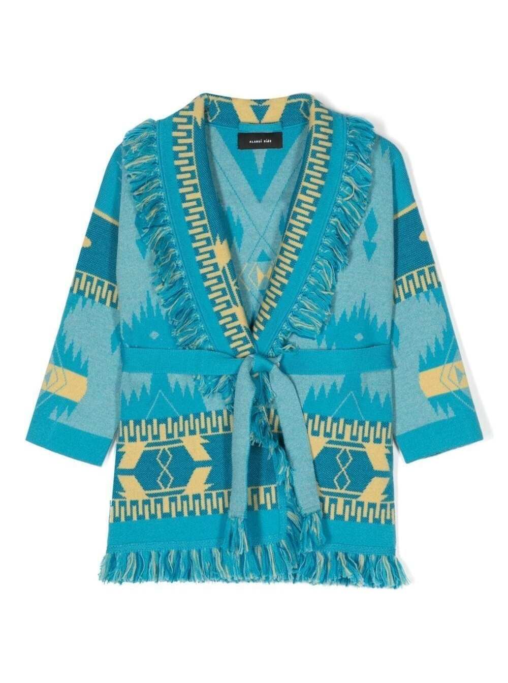 ALANUI LIGHT-BLUE ICON TOURMALINE CARDIGAN WITH JACQUARD MOTIF ALL-OVER IN WOOL