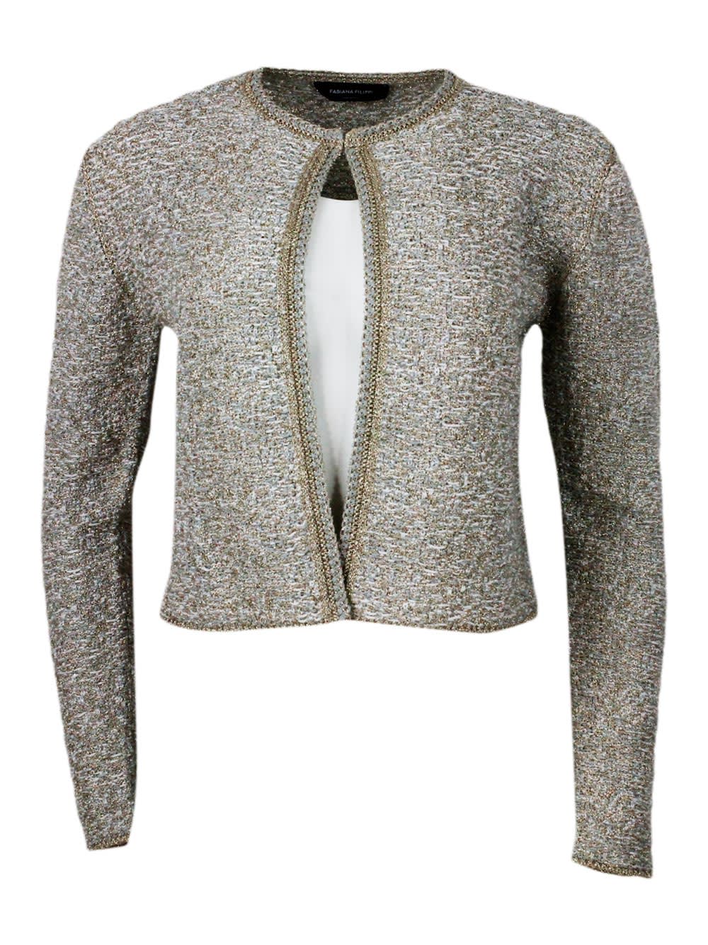 Chanel-style Jacket Sweater Open On The Front And With Hook Closure Embellished With Bright Lurex Threads