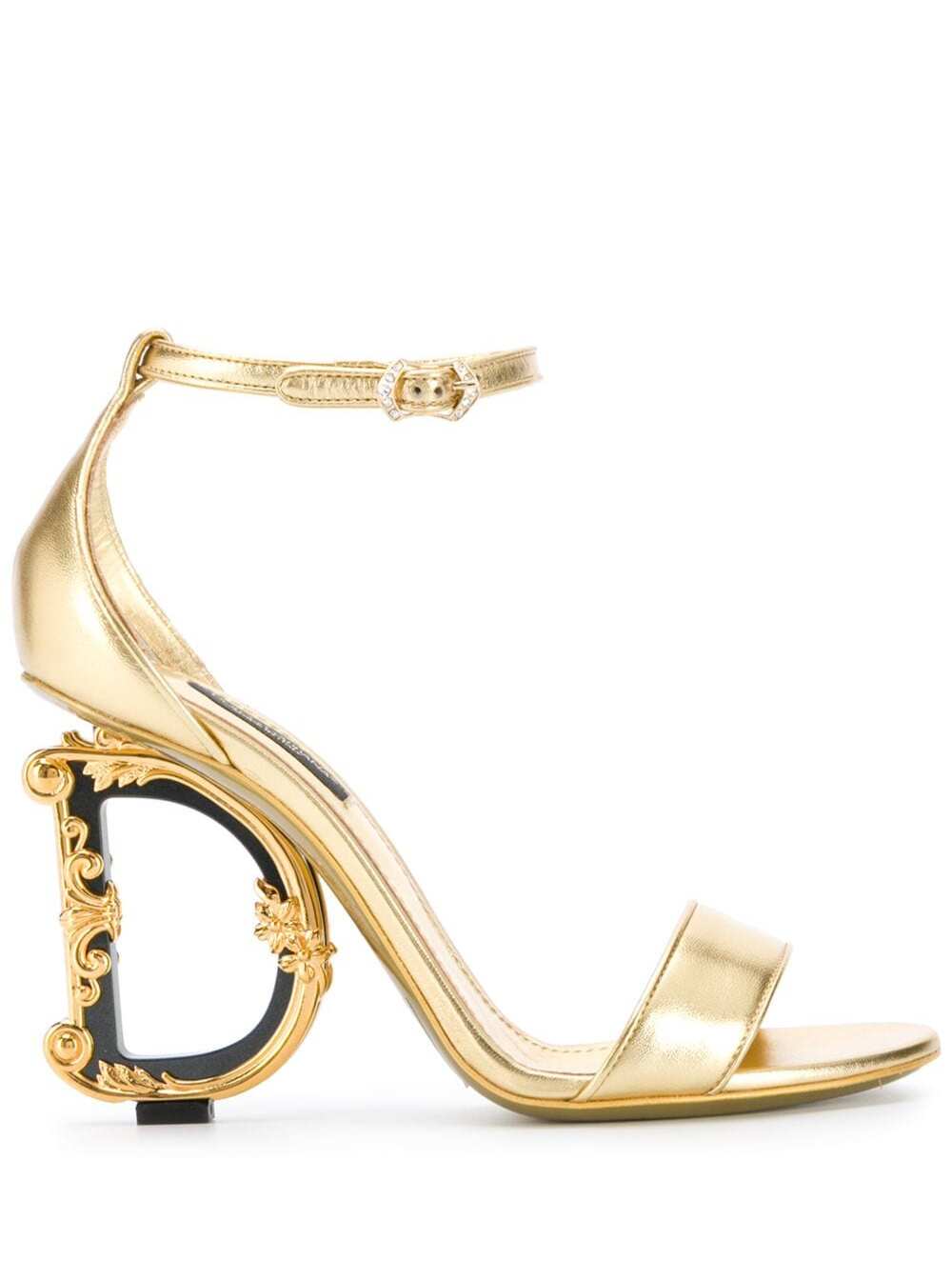 Shop Dolce & Gabbana Baroque Gold Colored Sandals With Logo Heel In Leather Woman In Metallic