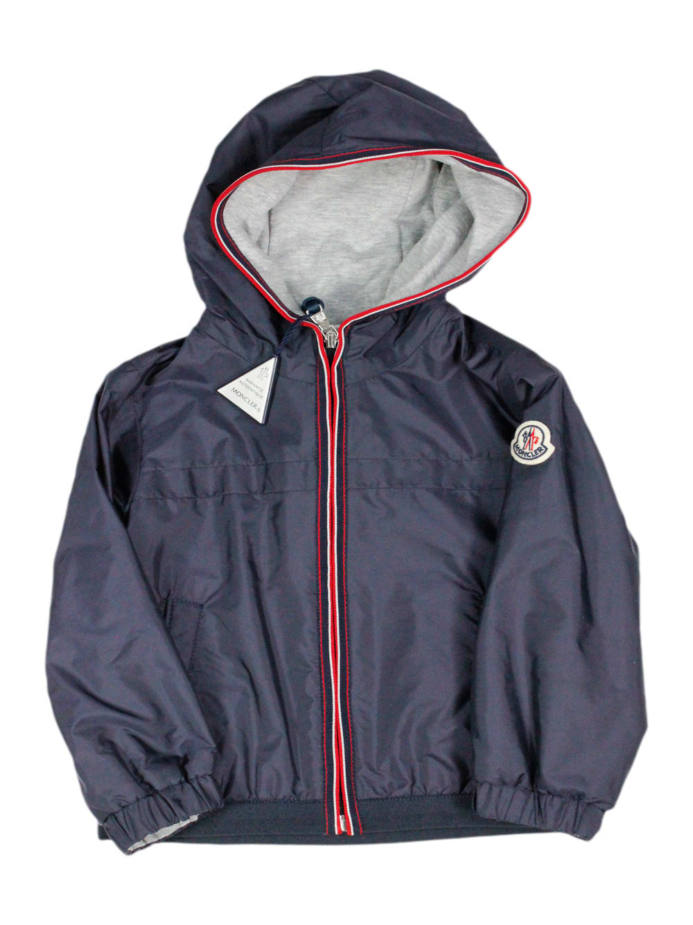 Moncler Kids' Windproof Jacket In Technical Fabric With Hood And Cotton Lining. Colored Profile On The Zip And Hoo In Blu