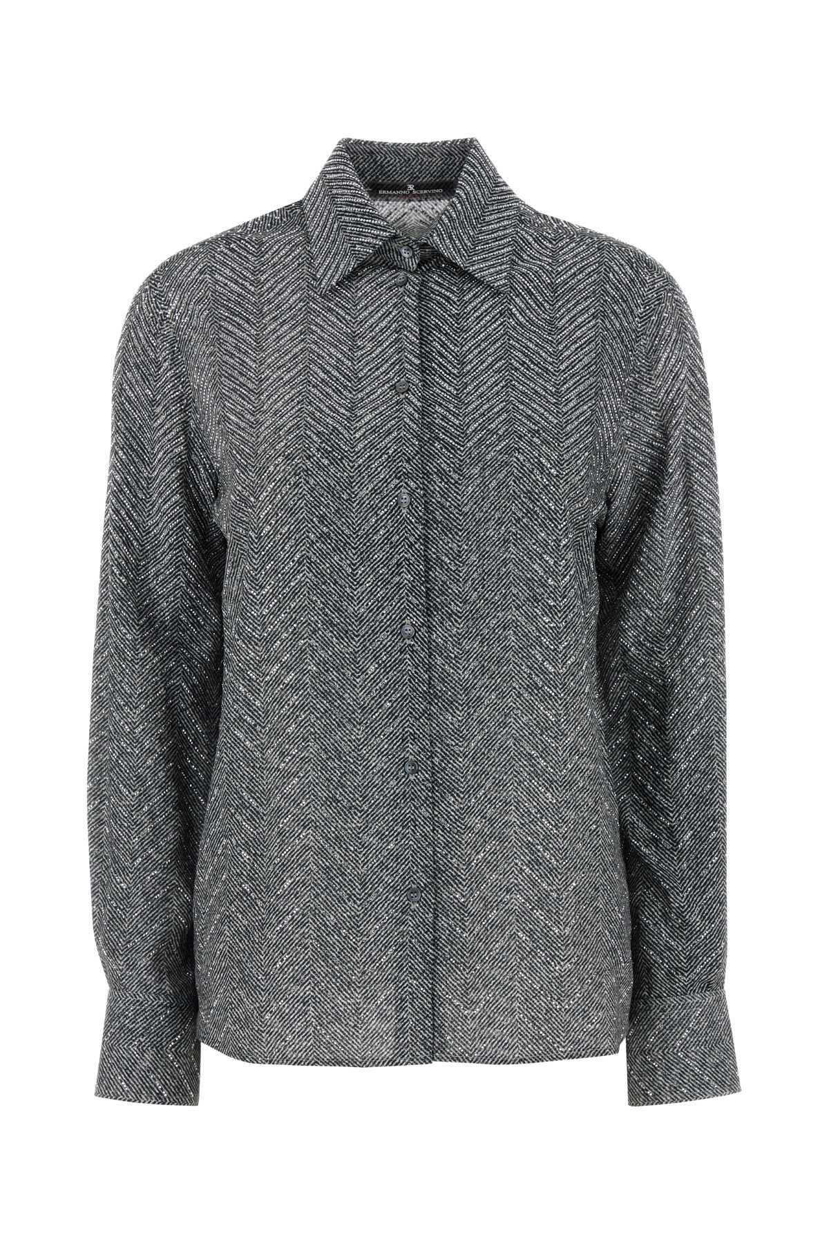 Ermanno Scervino Herringbone Shirt Adorned With Rhinestone Details In Gray