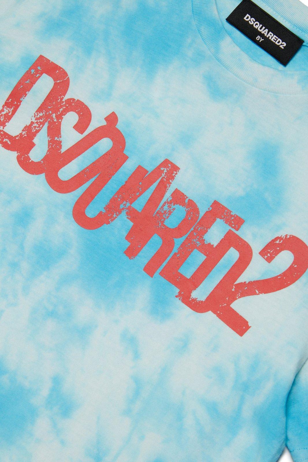 Shop Dsquared2 Logo-printed Tie-dyed Crewneck T-shirt In Cyan Blue