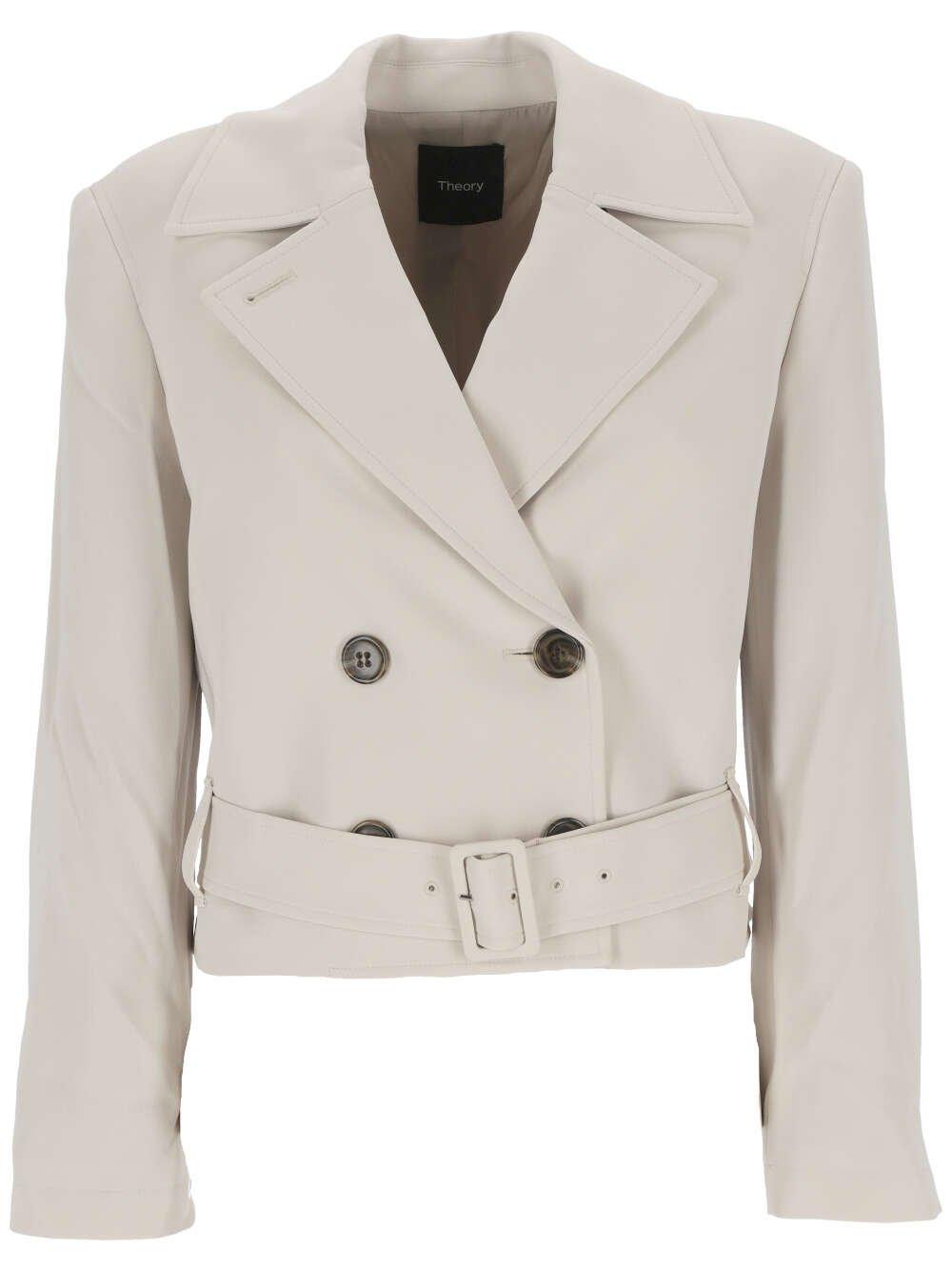 Shop Theory Double-breasted Belted Cropped Coat In Pumice