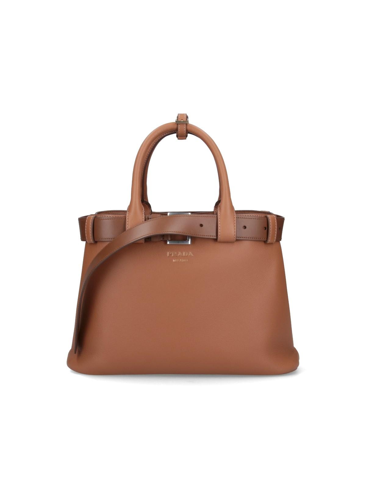 Shop Prada Buckle Medium Hand Bag In Caramel 0