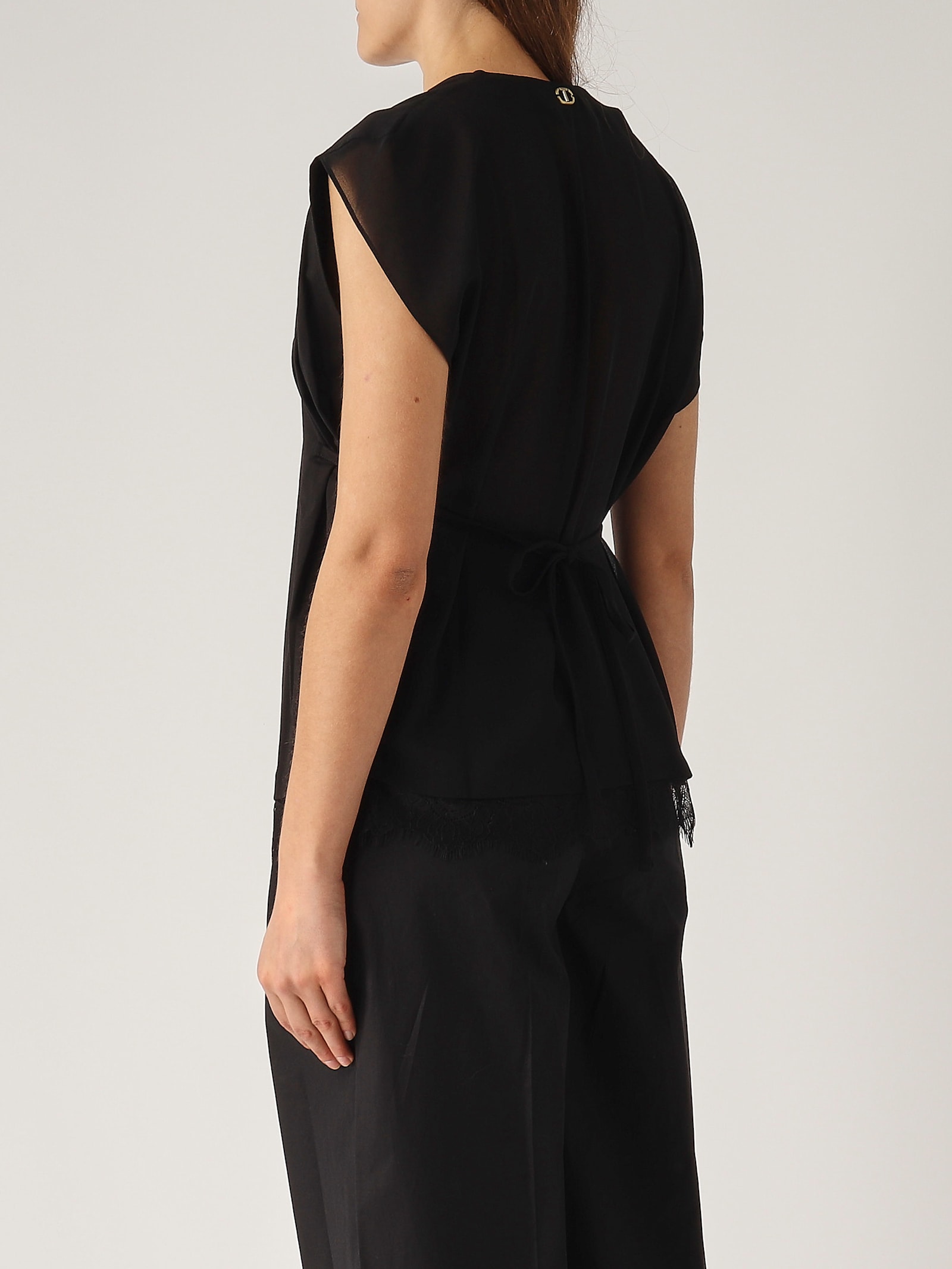 Twinset Black Cotton Blended Top With Rear Tie Fastening In Nero