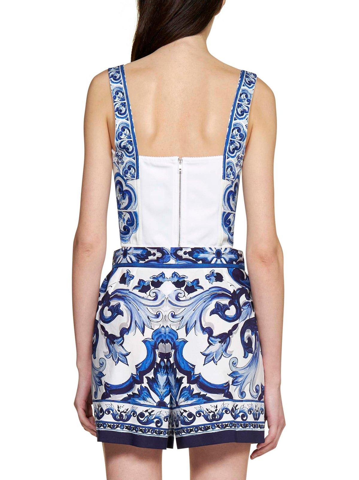 Shop Dolce & Gabbana Allover Printed Cropped Top In Mix Maiolica Blu