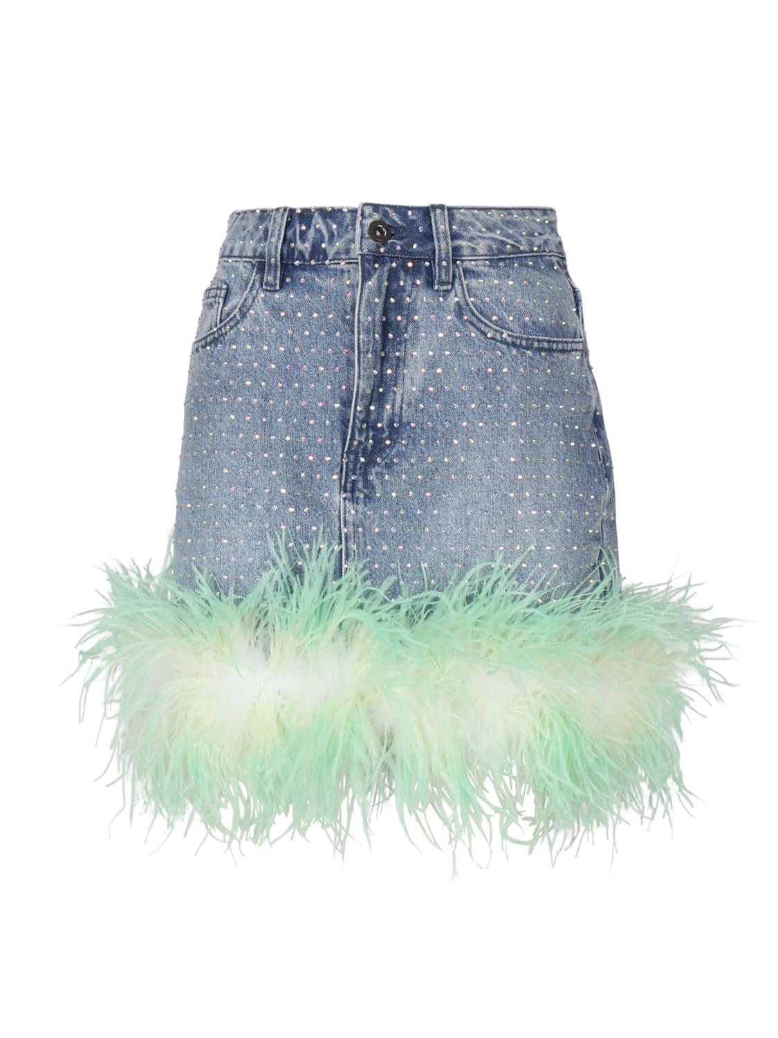 Shop Self-portrait Denim Skirt With Rhinestone Feathers In Blue, Green