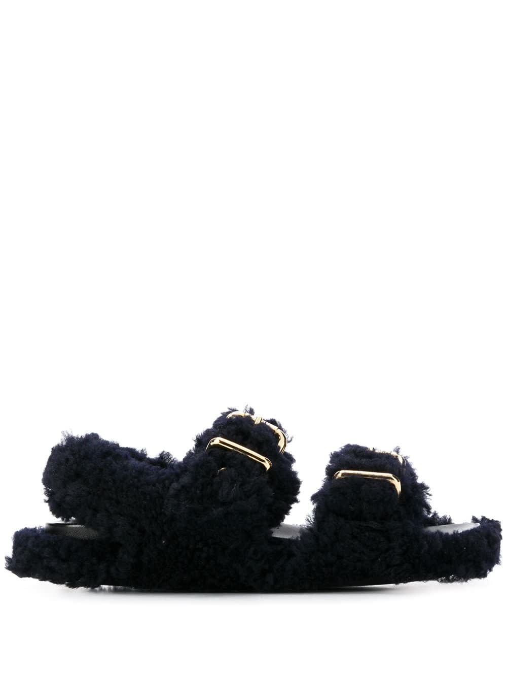 Buy Marni Woman Black Shearling Flat Sandal online, shop Marni shoes with free shipping