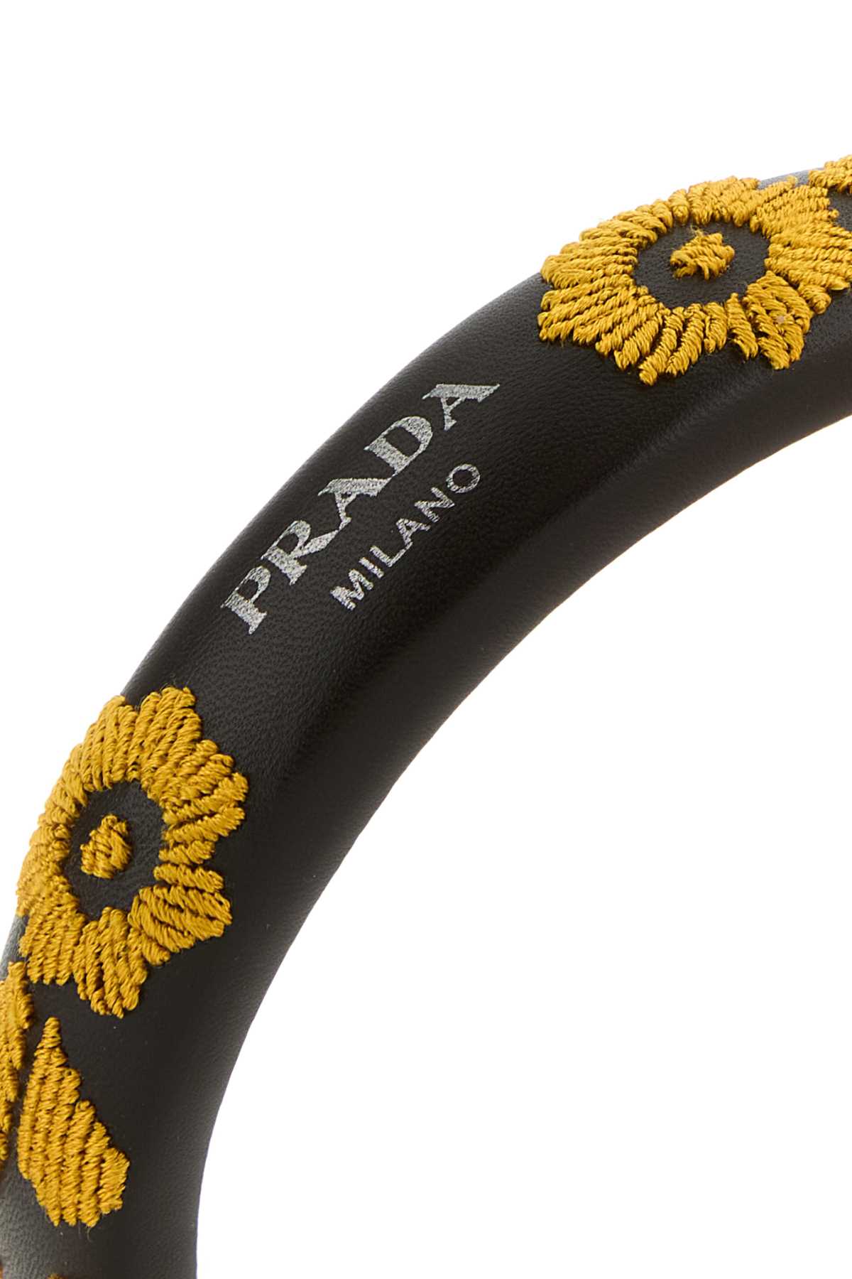 Prada Leather Hairband With Embroidered Floral Motif In Giallo