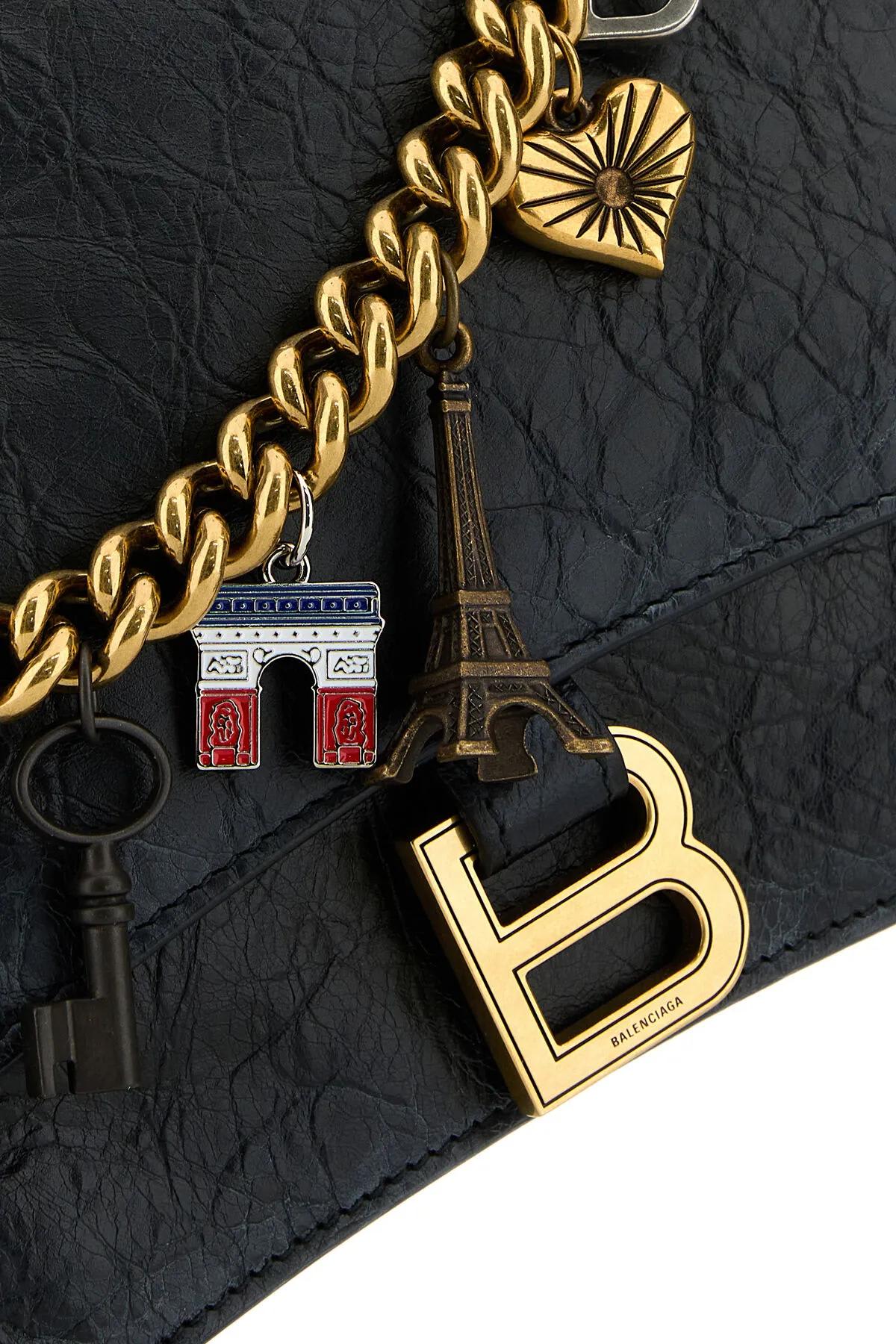 Balenciaga Black Leather Medium Crush Chain Shoulder Bag In Black