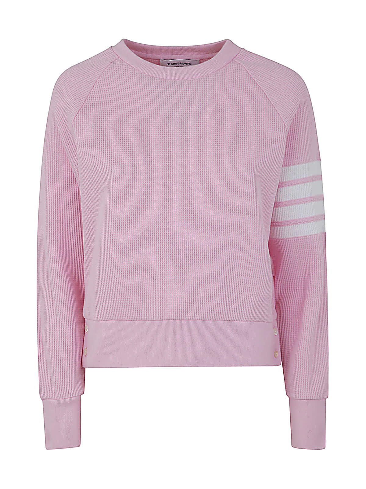 Thom Browne Raglan Sleeve Crew Neck Sweatshirt In Waffle With 4 Bar Stripe In Lt Pink