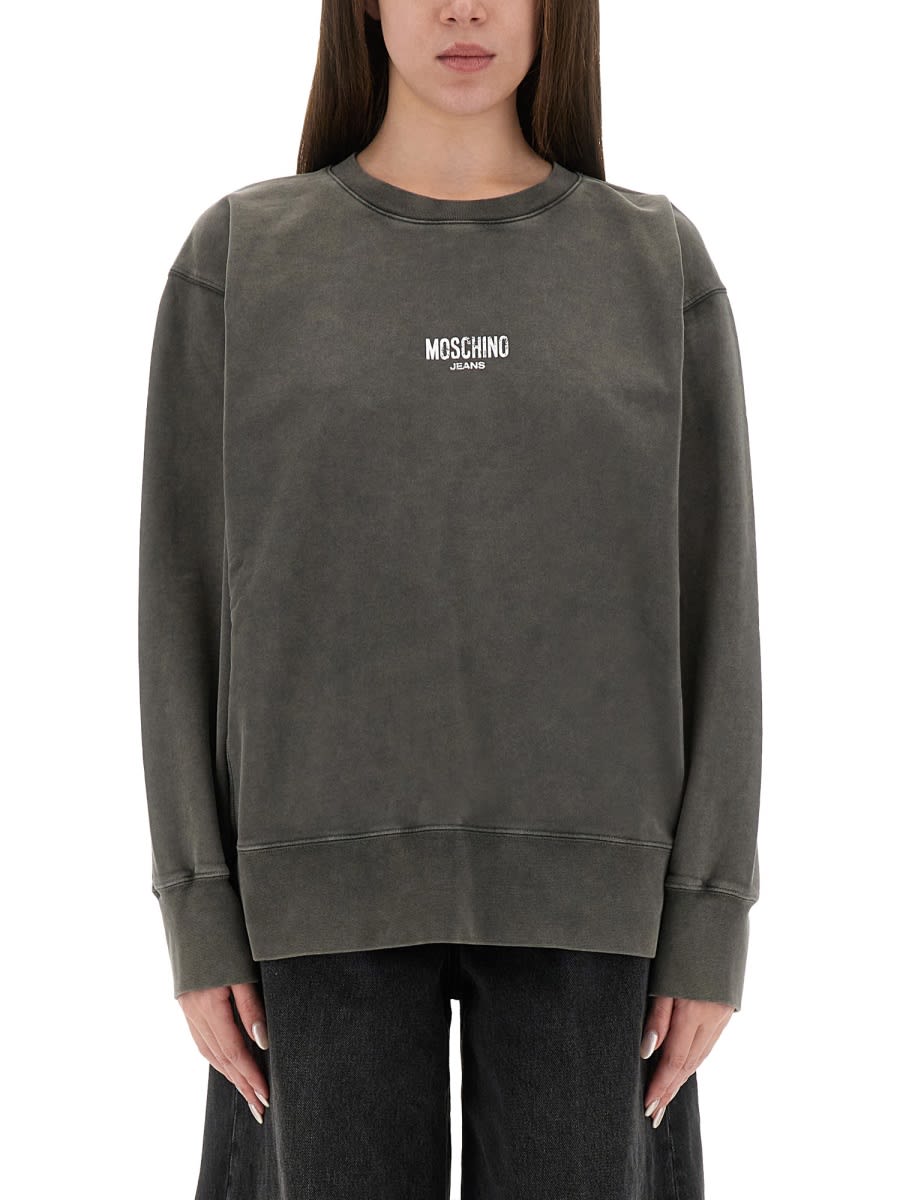 Moschino Crew Neck Graphic Print Knitwear In Gray