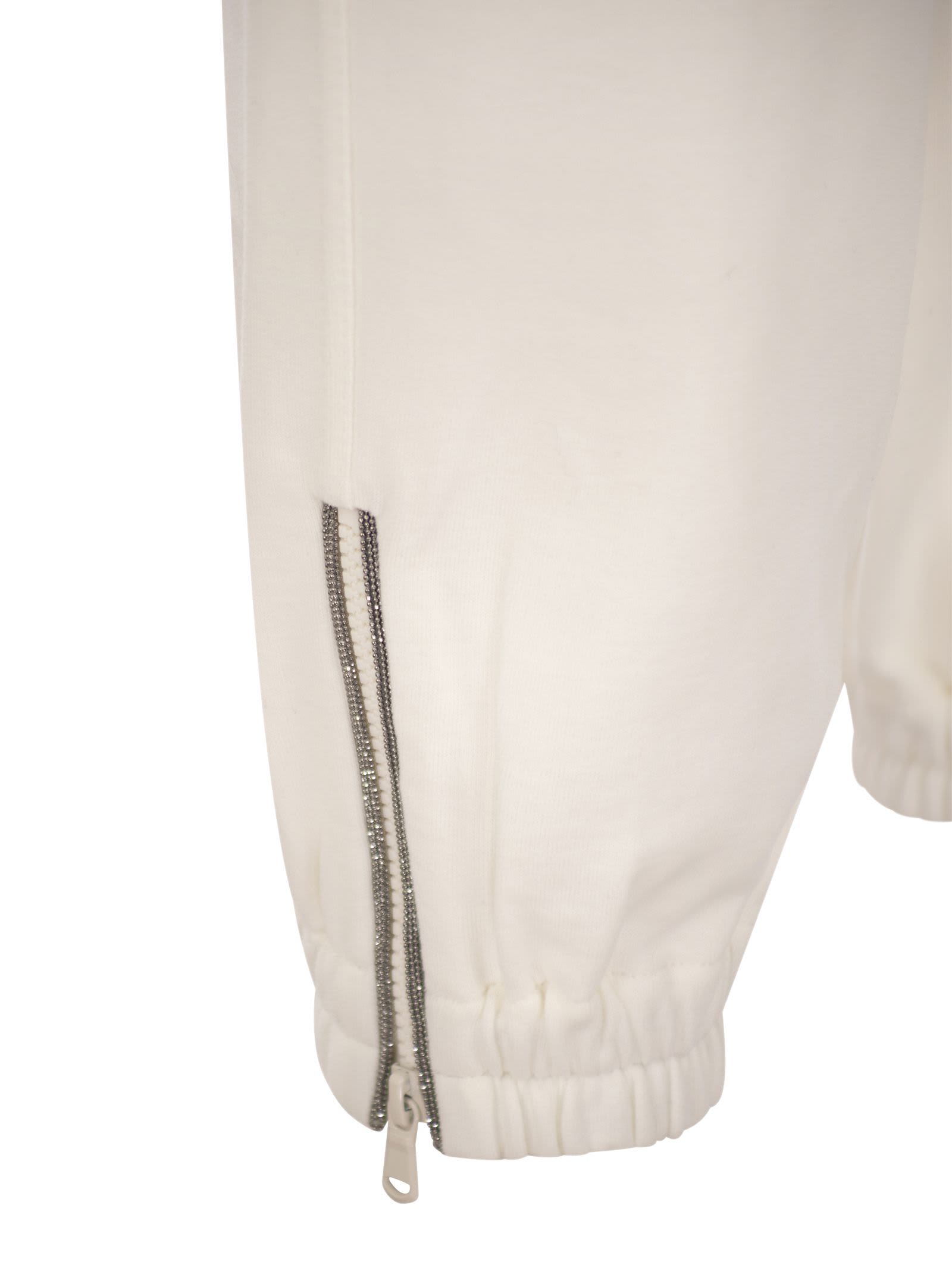 Shop Brunello Cucinelli Track Trousers In Cotton Fleece Smooth With Precious Zipper Cuffs In White