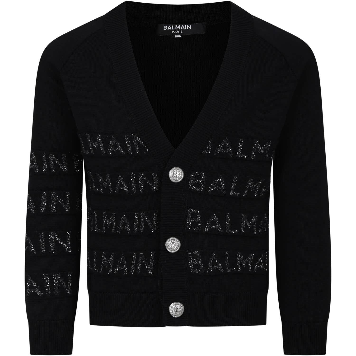 Shop Balmain Black Cardigan For Boy With Lurex Logo In Black/silver