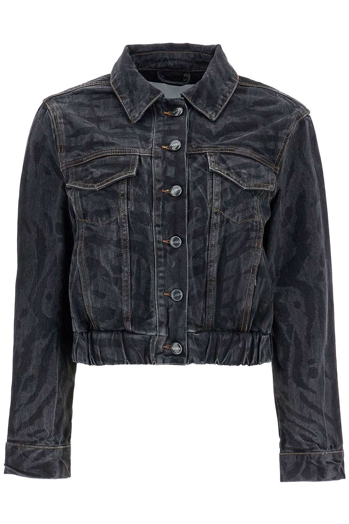 Shop Ganni Cut\n\nshort Denim Jacket With Laser-cut In Black (black)