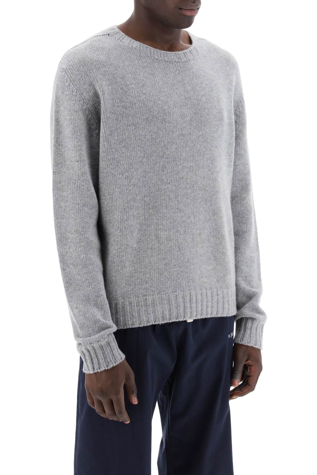 Shop Palm Angels Wool Sweater With Logo Intarsia In Melange Grey White (grey)