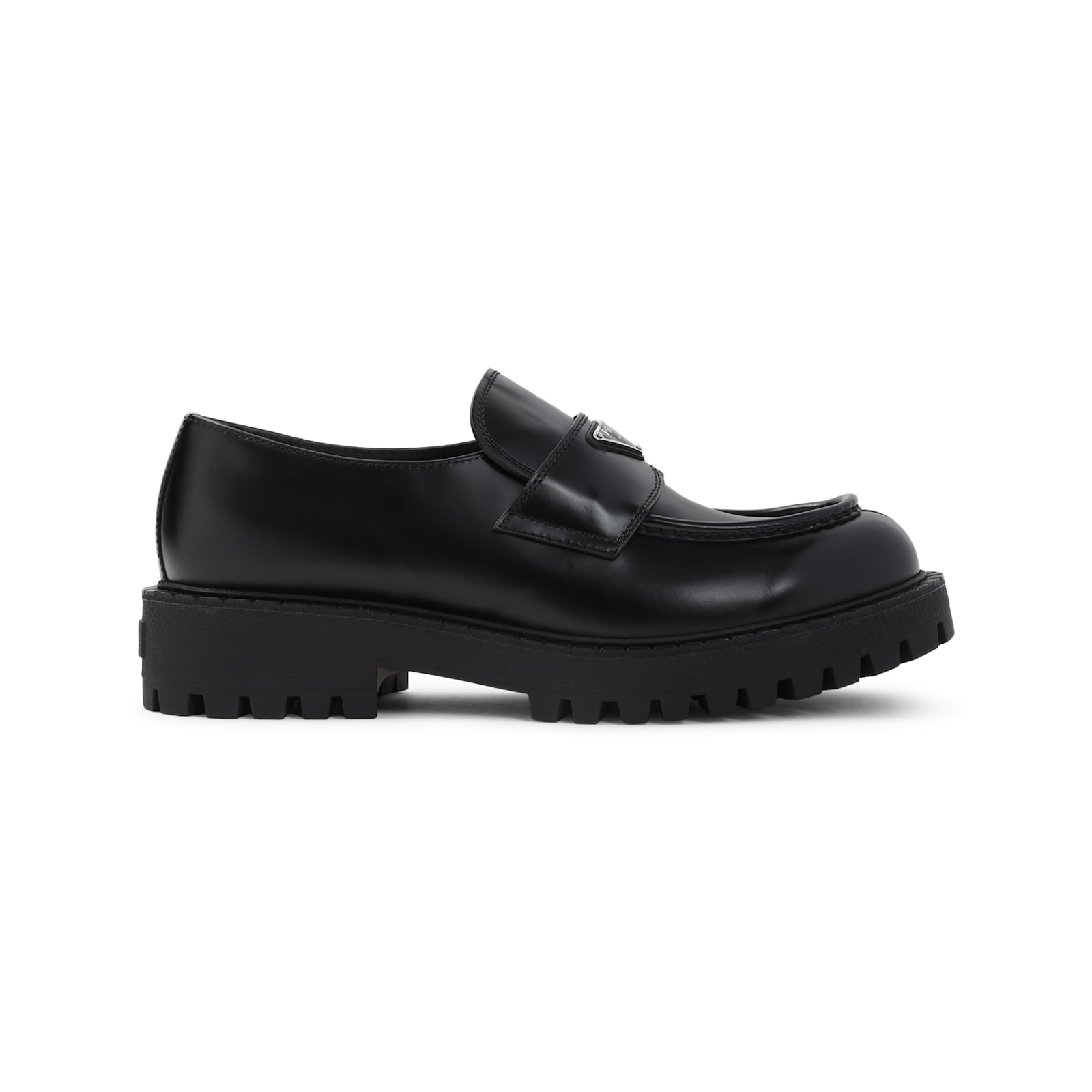 Prada Polished Black Leather Loafers With Chunky Rubber Sole In Black