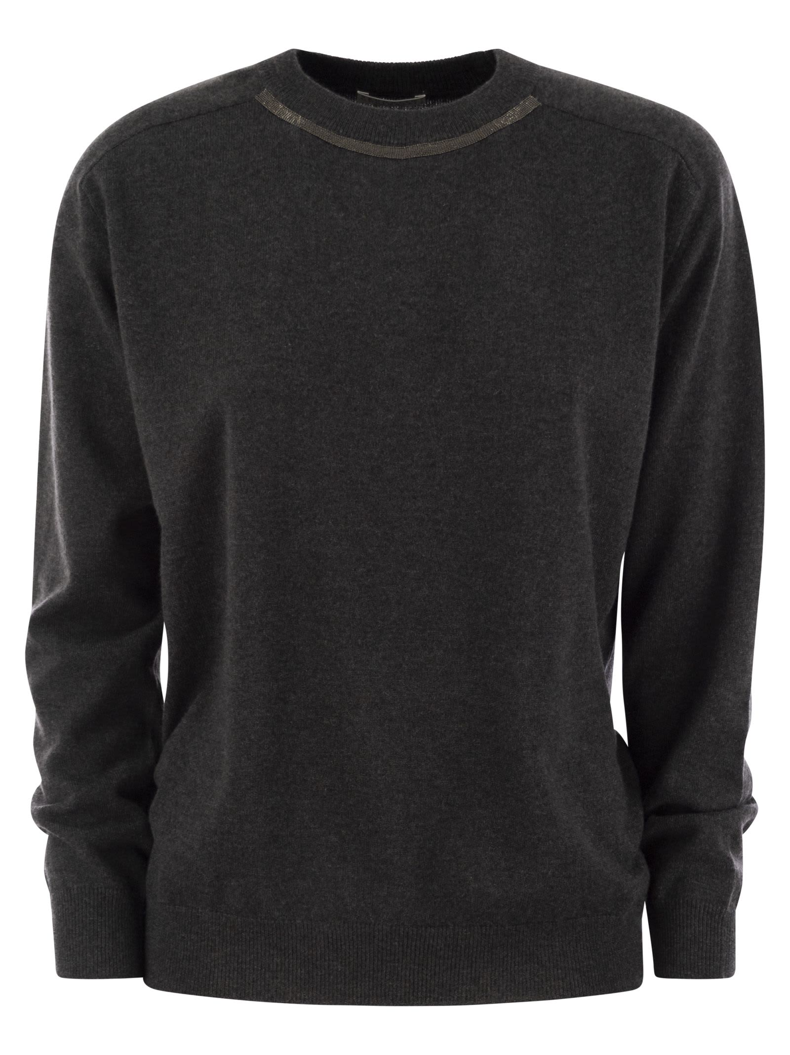 Shop Brunello Cucinelli Cashmere Sweater With Neck Jewel In Anthracite