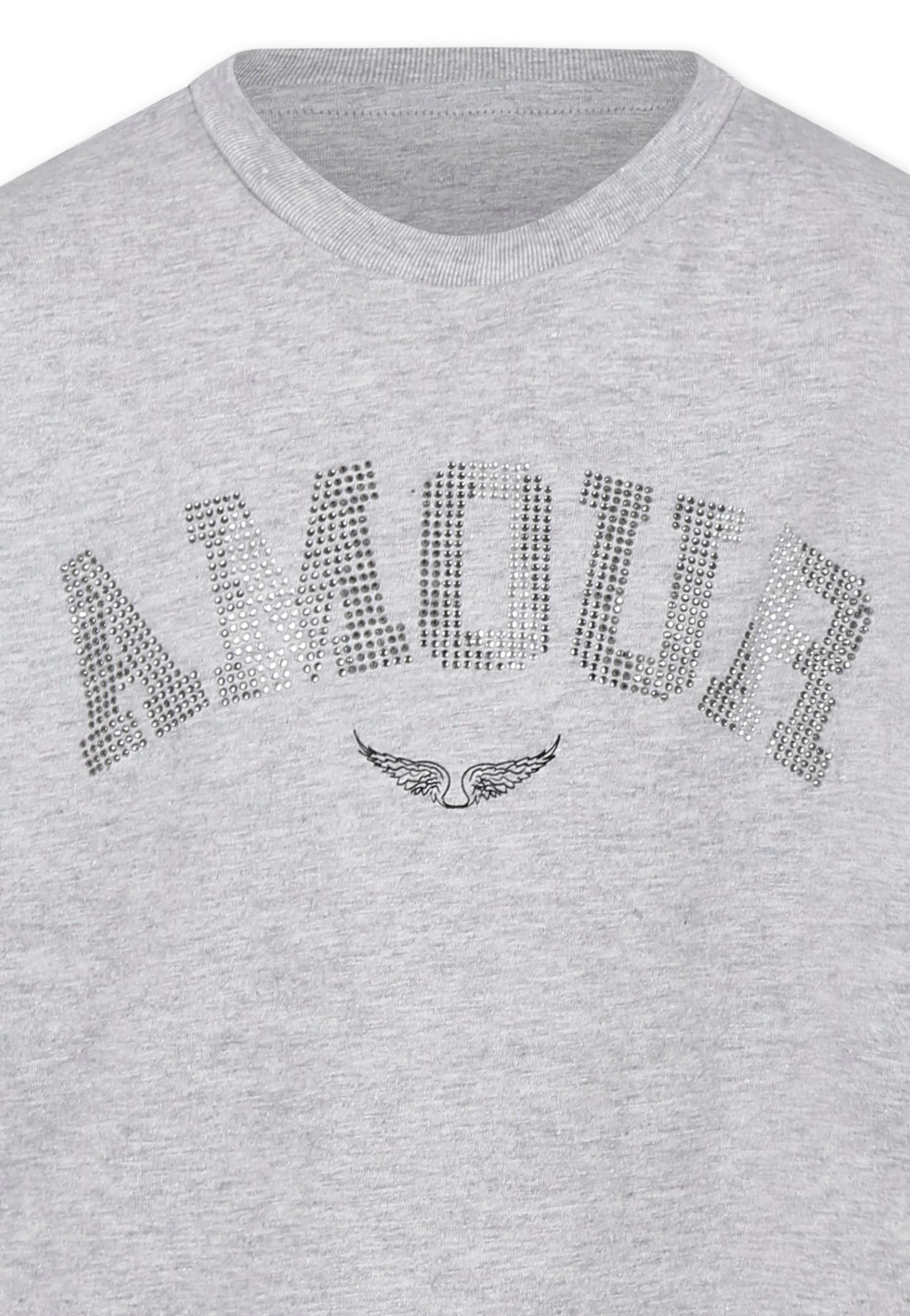 Zadig & Voltaire Gray T-shirt For Girl With Rhinestone Amour Lettering In Grey