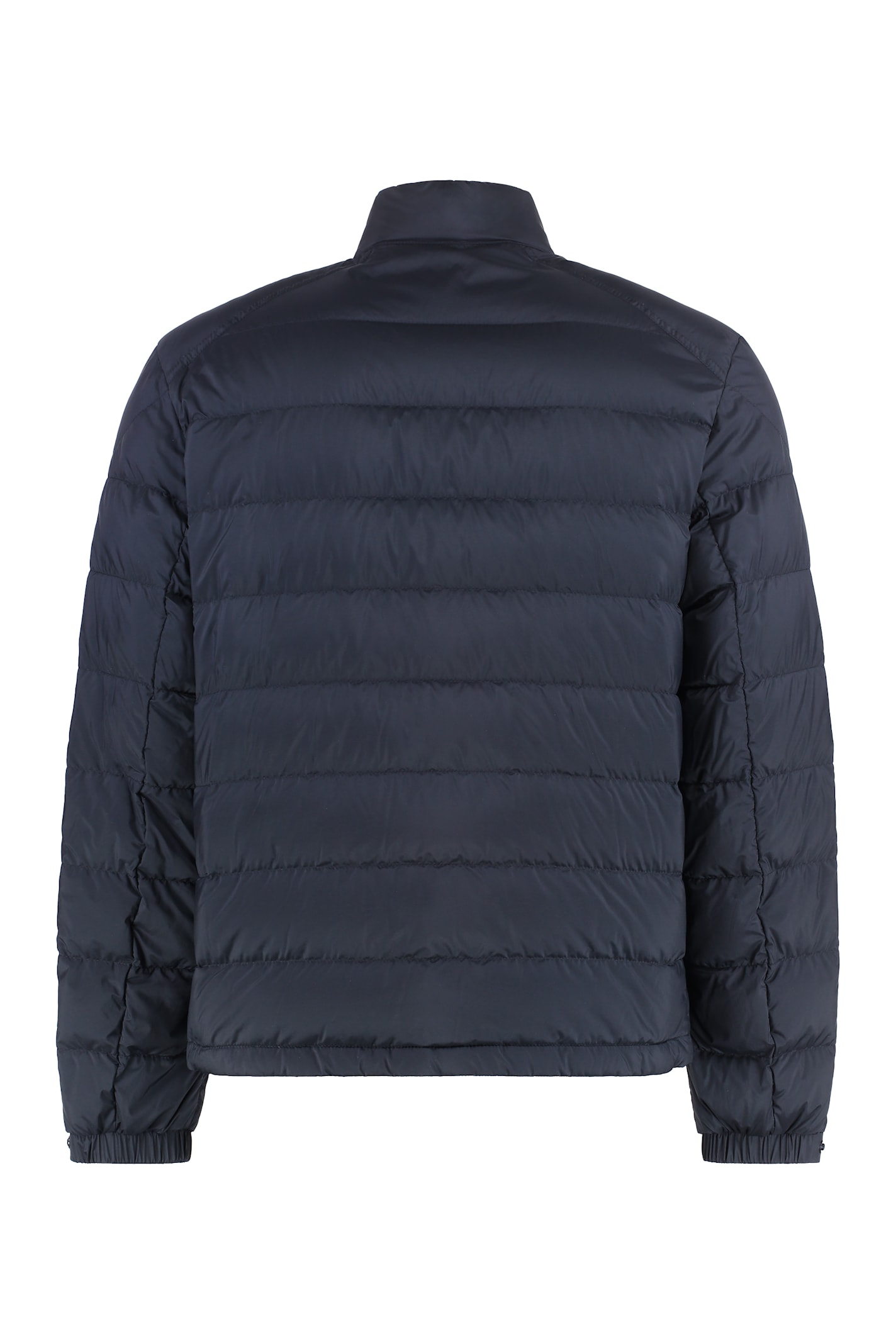 Moncler Padded High Collar Snap Button Down Jacket In Blue