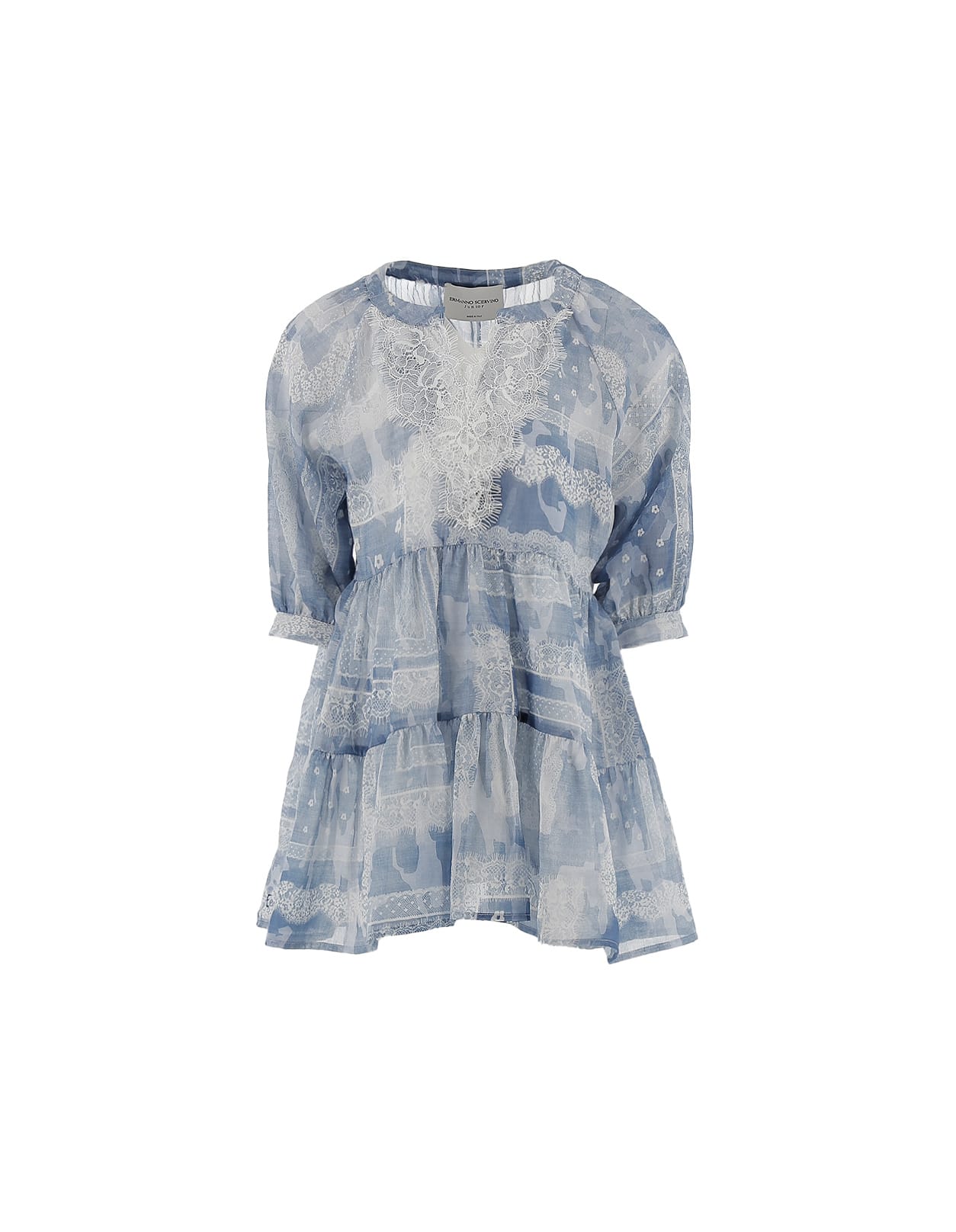 Shop Ermanno Scervino Junior Cotton And Silk Voile Dress With Lace In Blue
