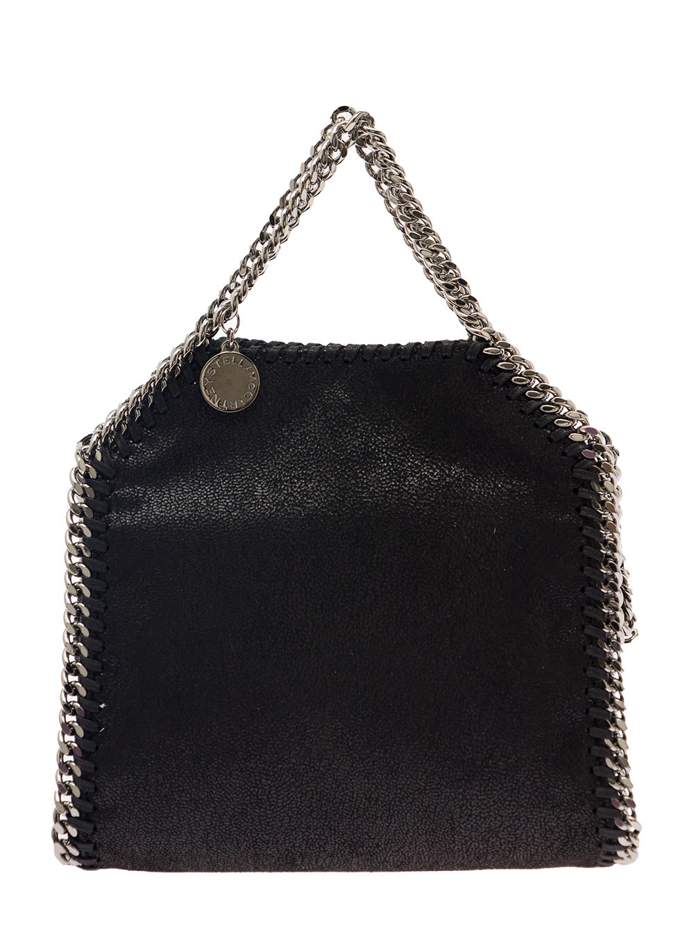 Shop Stella Mccartney 3chain Mini Black Tote Bag With Logo Engraved On Charm In Faux Leather Woman