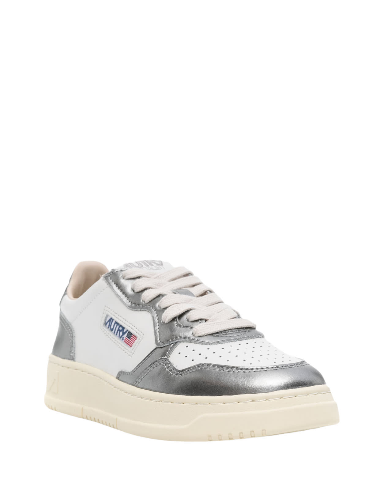 Shop Autry White And Metallised Steel Leather Medalist Low Sneakers In Grey