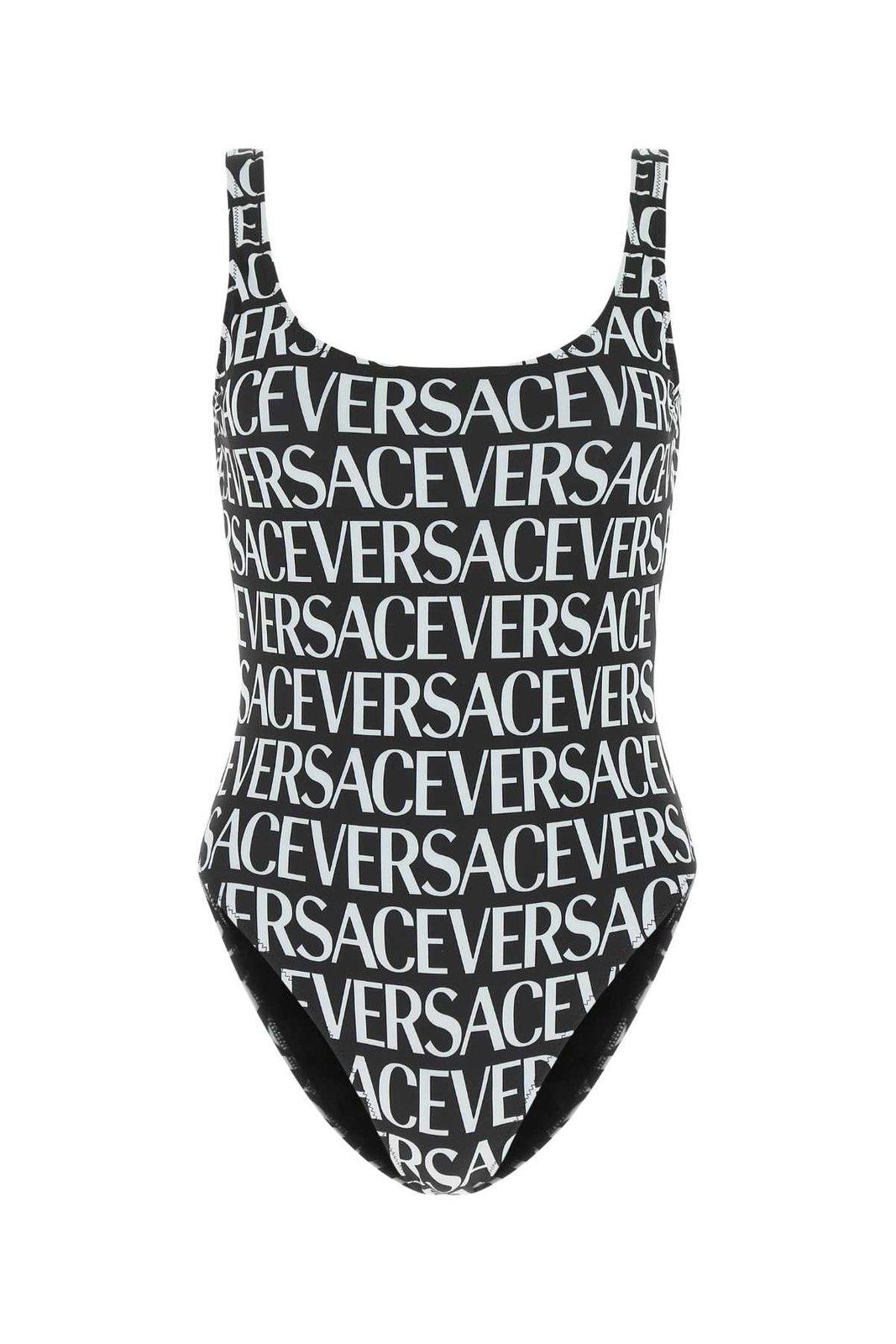 Versace Allover Logo Printed Low-back Swimsuit