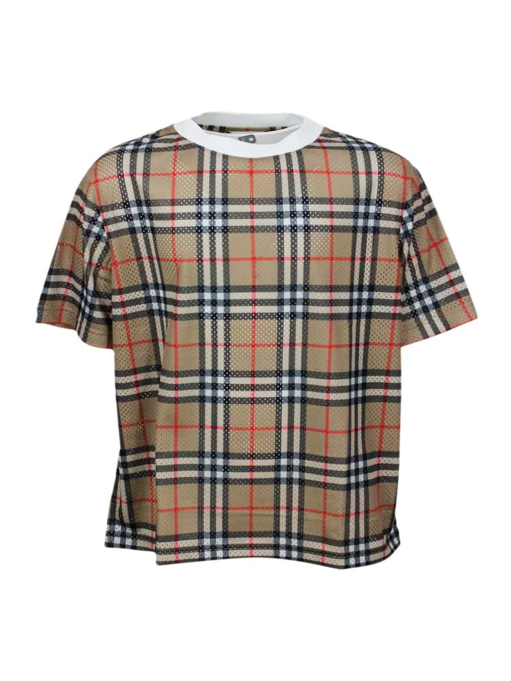 Shop Burberry Crew-neck, Short-sleeved T-shirt In Perforated Fabric With Chekc Motif. In Beige