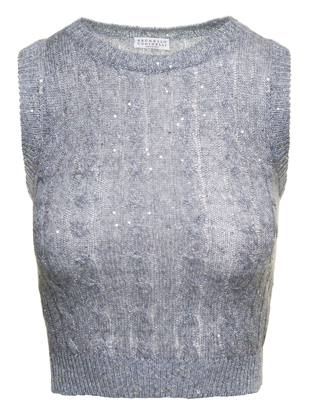 BRUNELLO CUCINELLI LIGHT BLUE CREWNECK CABLE KNIT TANK TOP IN LINEN AND NYLON BLEND WOMAN