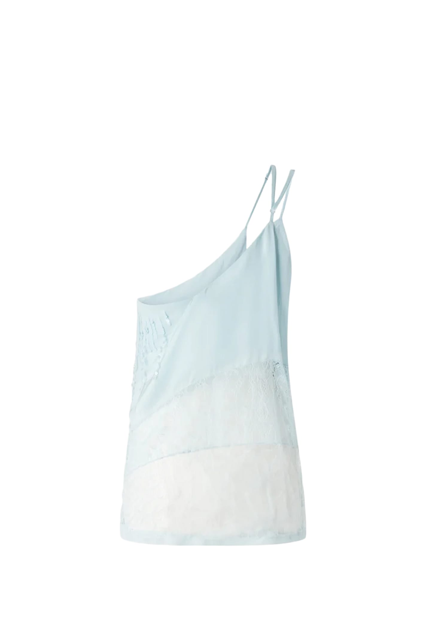 Pinko One-shoulder Satin Top With Lace And Sequins In Clear Blue